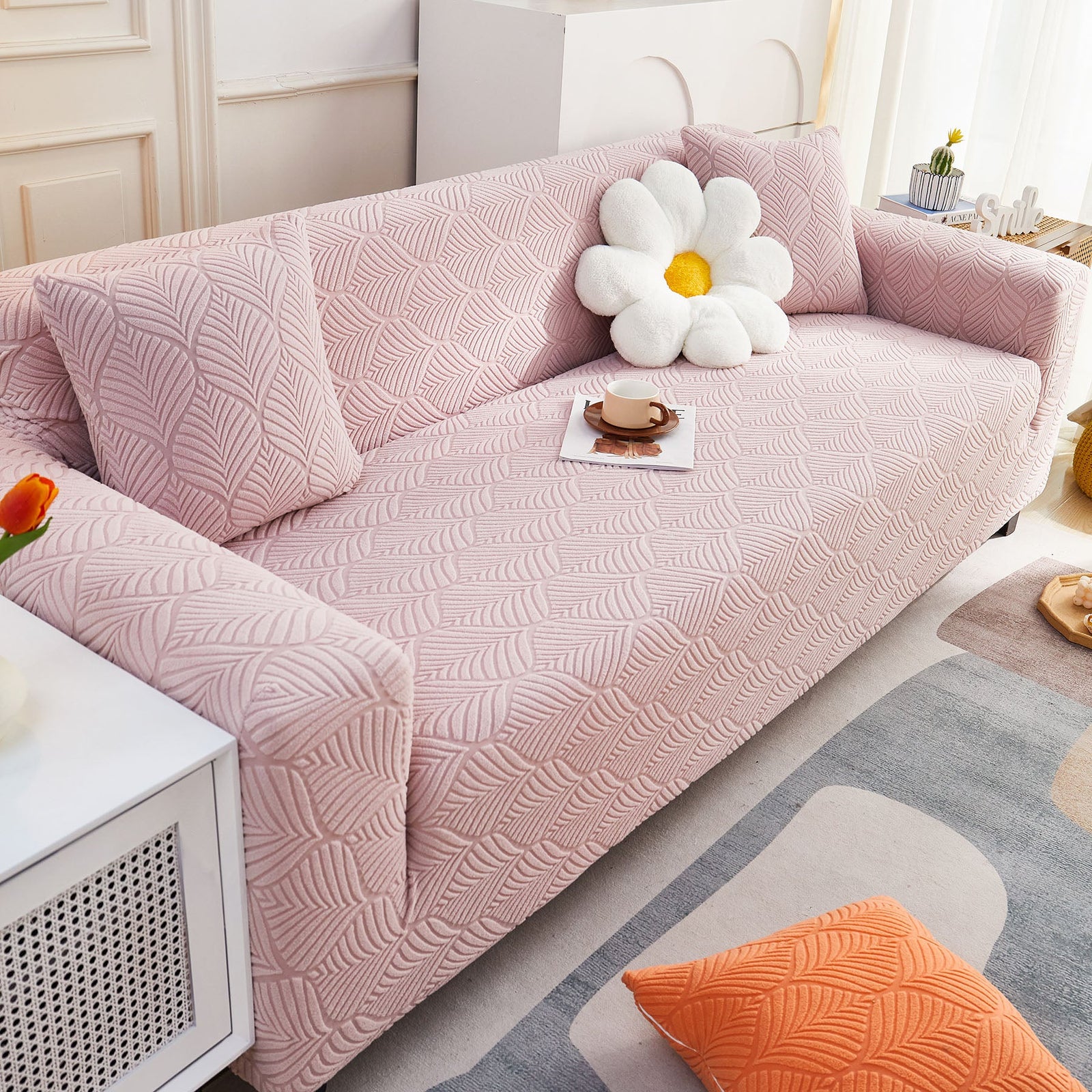 3D Leaves Jacquard Couch Slipcovers Non-Slip Cozy Stretchy Couch Covers for Sectional