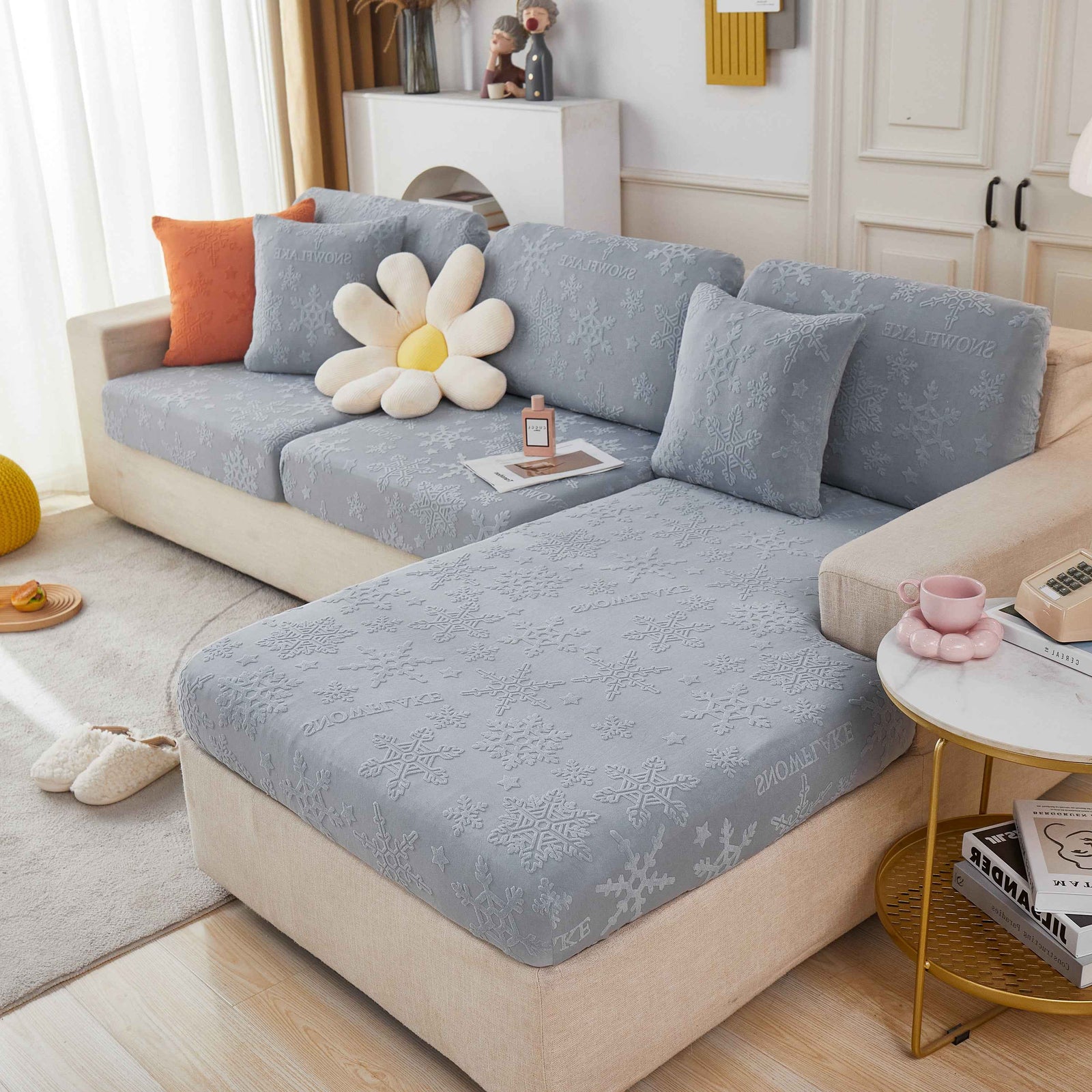 Jacquard Fabric Couch Cushion Covers, Elastic Stretch Sofa Protector for L-Shaped Couches and Pet-Friendly Living Rooms