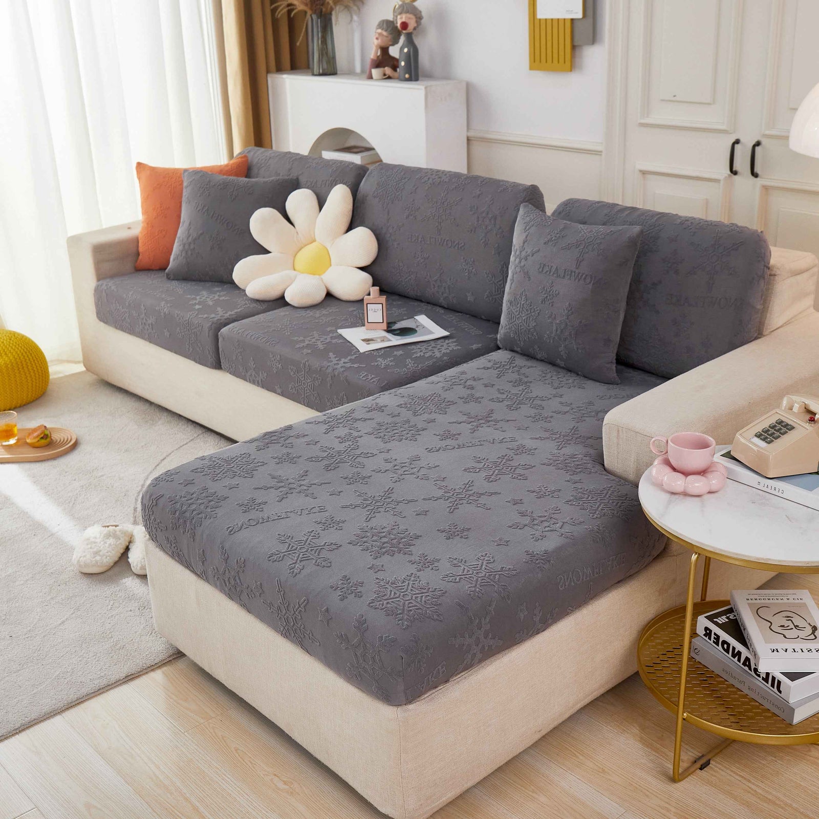 Jacquard Fabric Couch Cushion Covers, Elastic Stretch Sofa Protector for L-Shaped Couches and Pet-Friendly Living Rooms