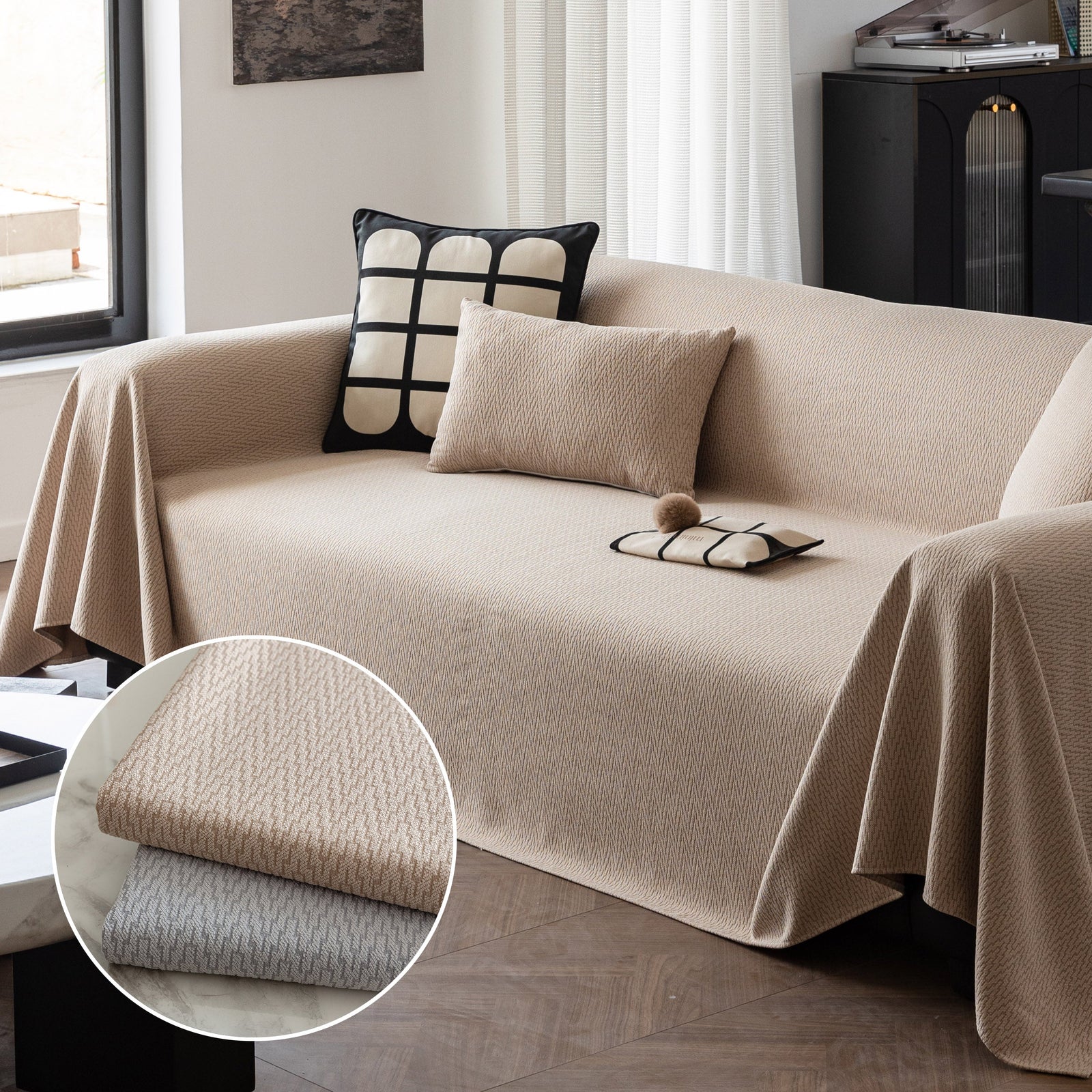 Herringbone Textured Sofa Throw Blanket, Durable Pet Friendly Modern Couch Slipcover