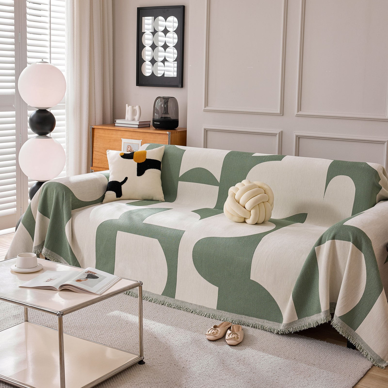 Modern Abstract Chenille Sofa Cover, Large Soft Throw Blanket with Tassels for Couch