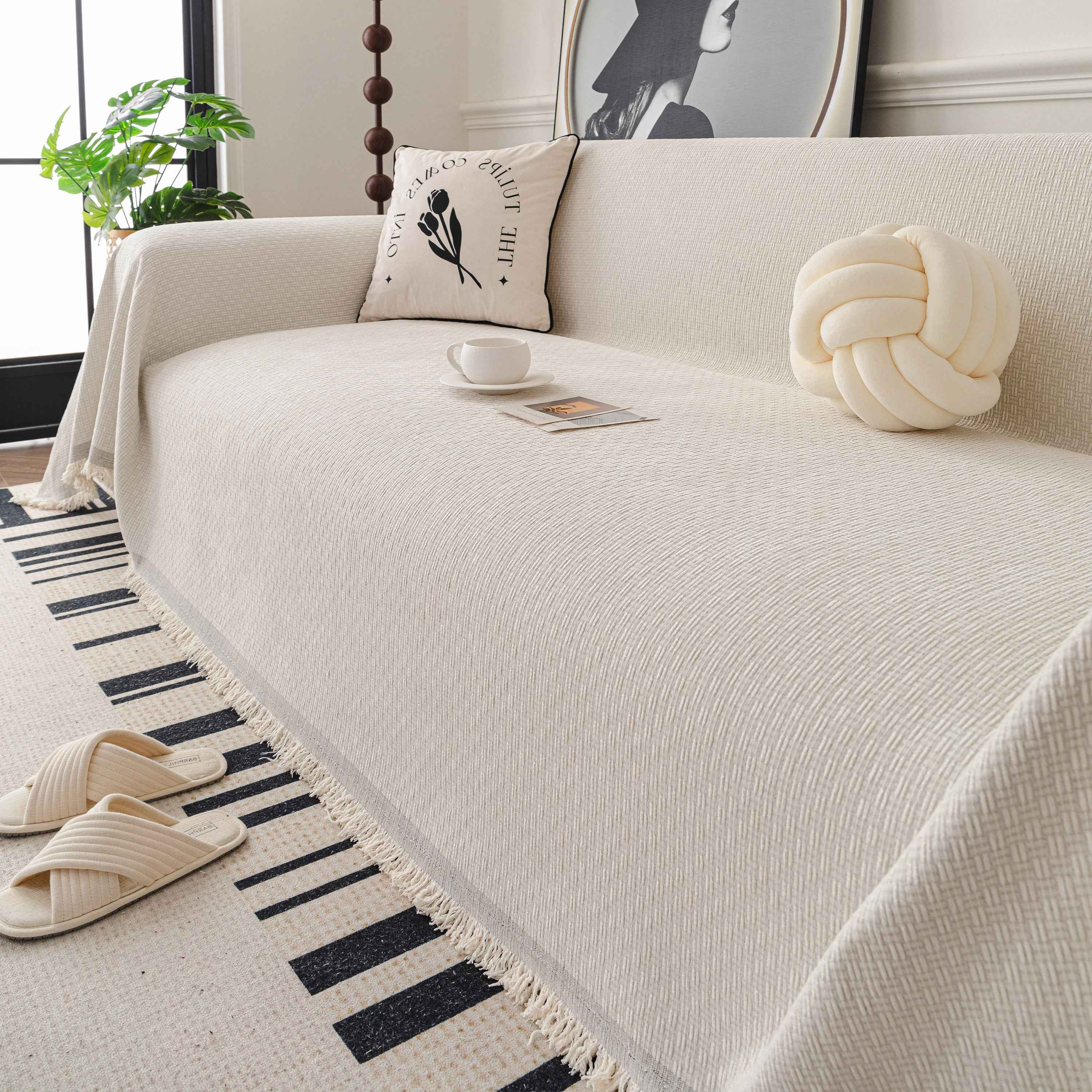 Textured Woven Modern Sofa Cover, Natural Blend Decorative Couch Throw Blanket