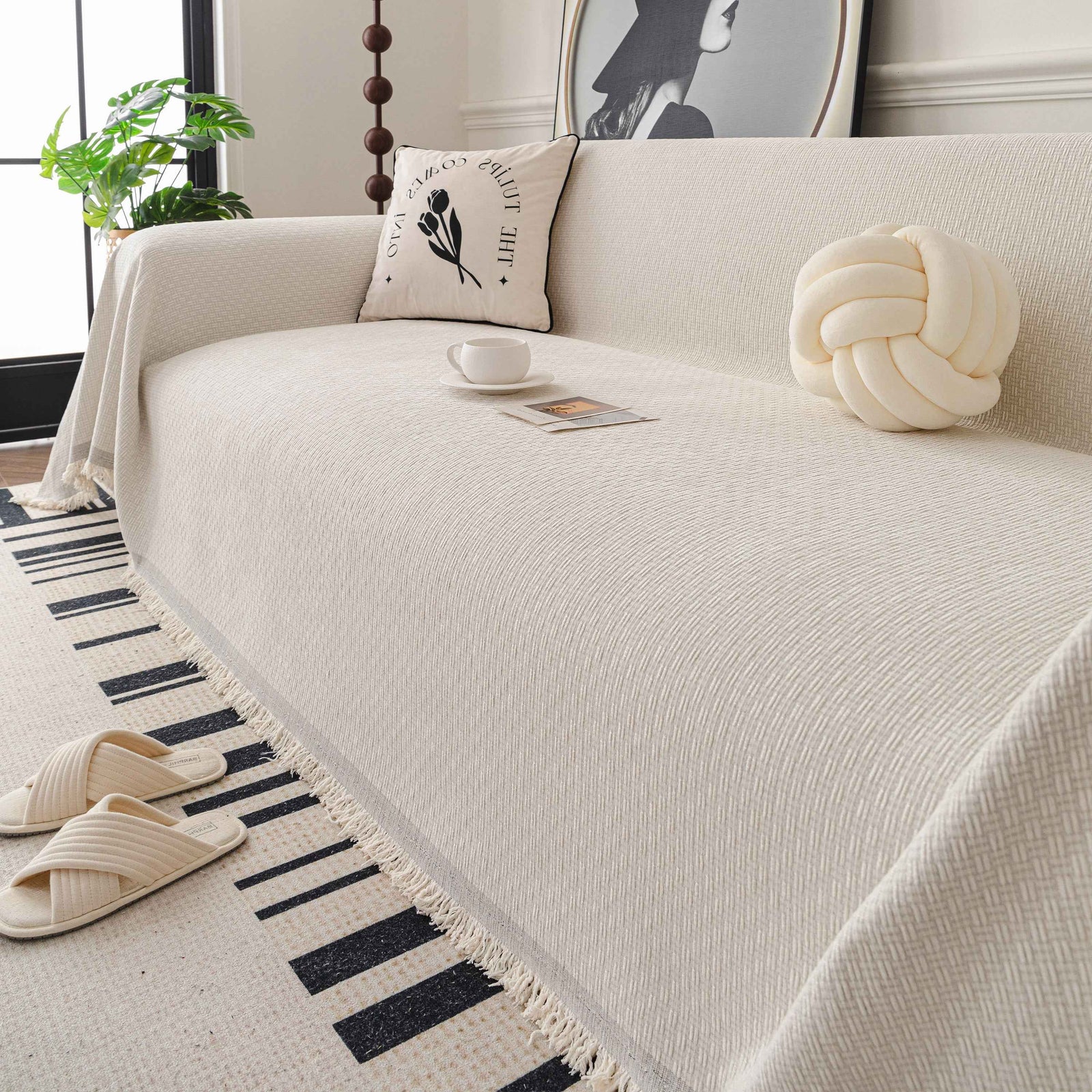 Textured Woven Modern Sofa Cover, Natural Blend Decorative Couch Throw Blanket
