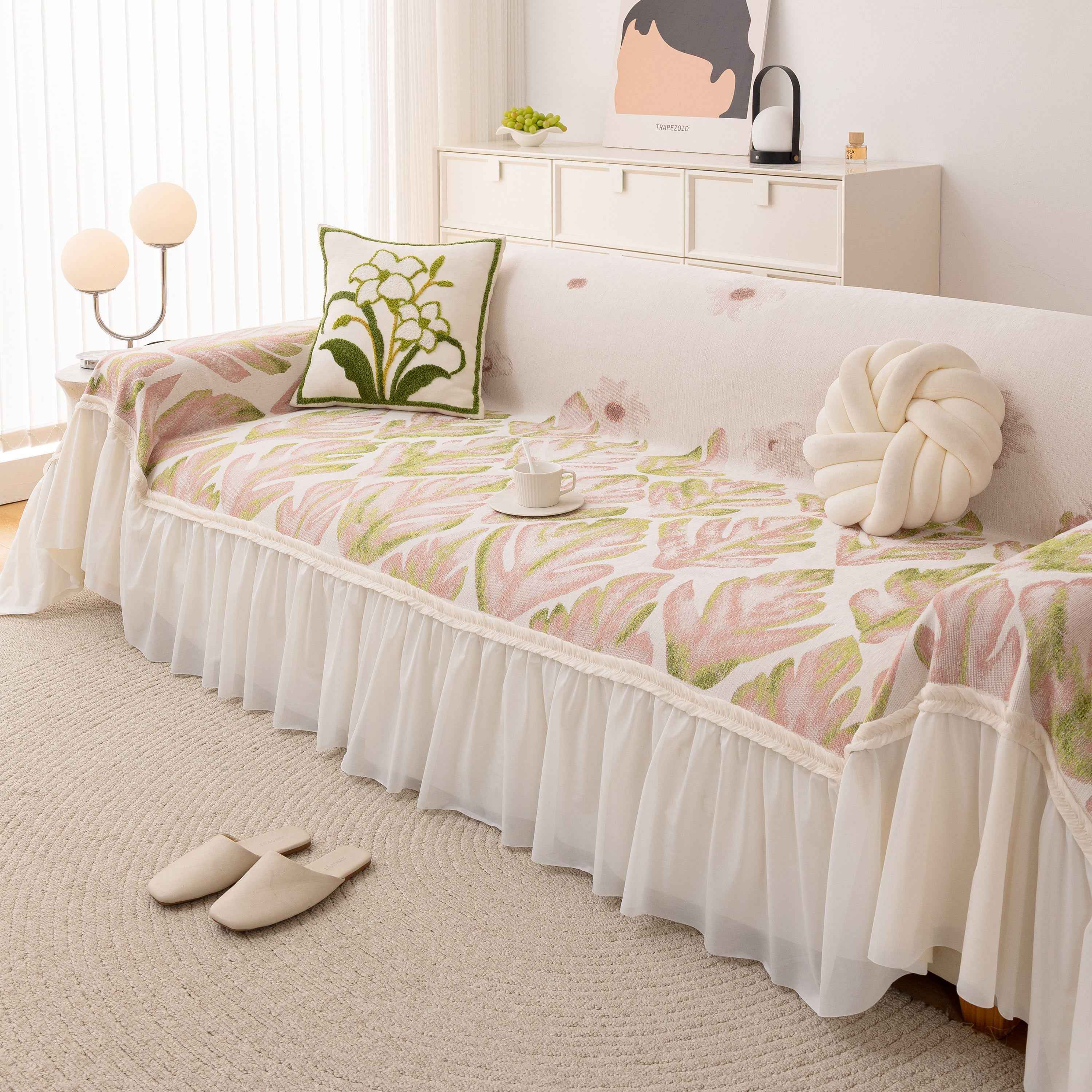 Botanical Sofa Cover with Chiffon Skirt, Floral Couch Throw Blanket for All-Season