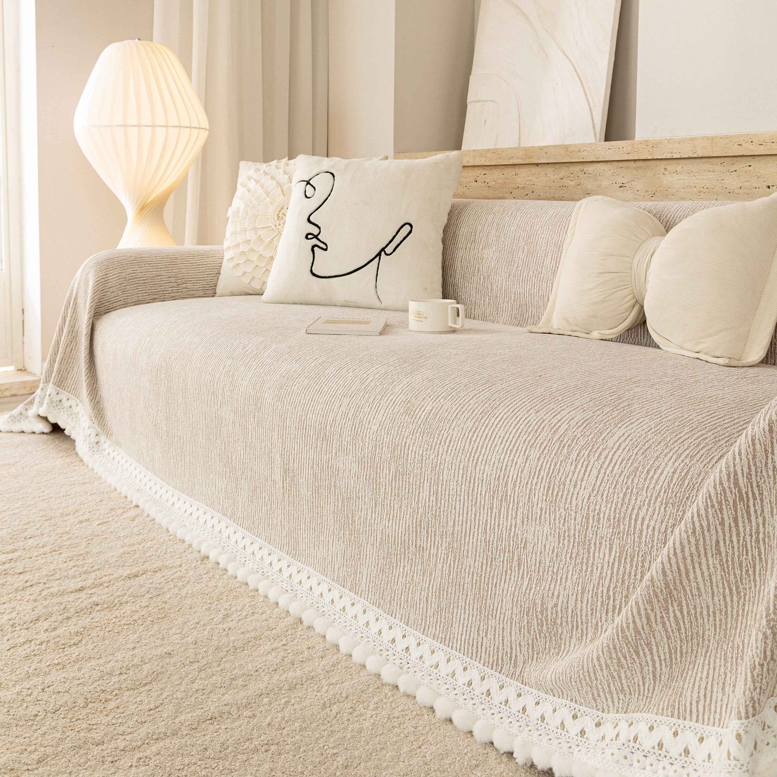 Sofa Cover Throw with Lace Trim & Pom-Pom Fringe, Decorative Couch Cover Blanket