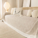 Sofa Cover Throw with Lace Trim & Pom-Pom Fringe, Decorative Couch Cover Blanket