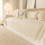 Sofa Cover Throw with Lace Trim & Pom-Pom Fringe, Decorative Couch Cover Blanket