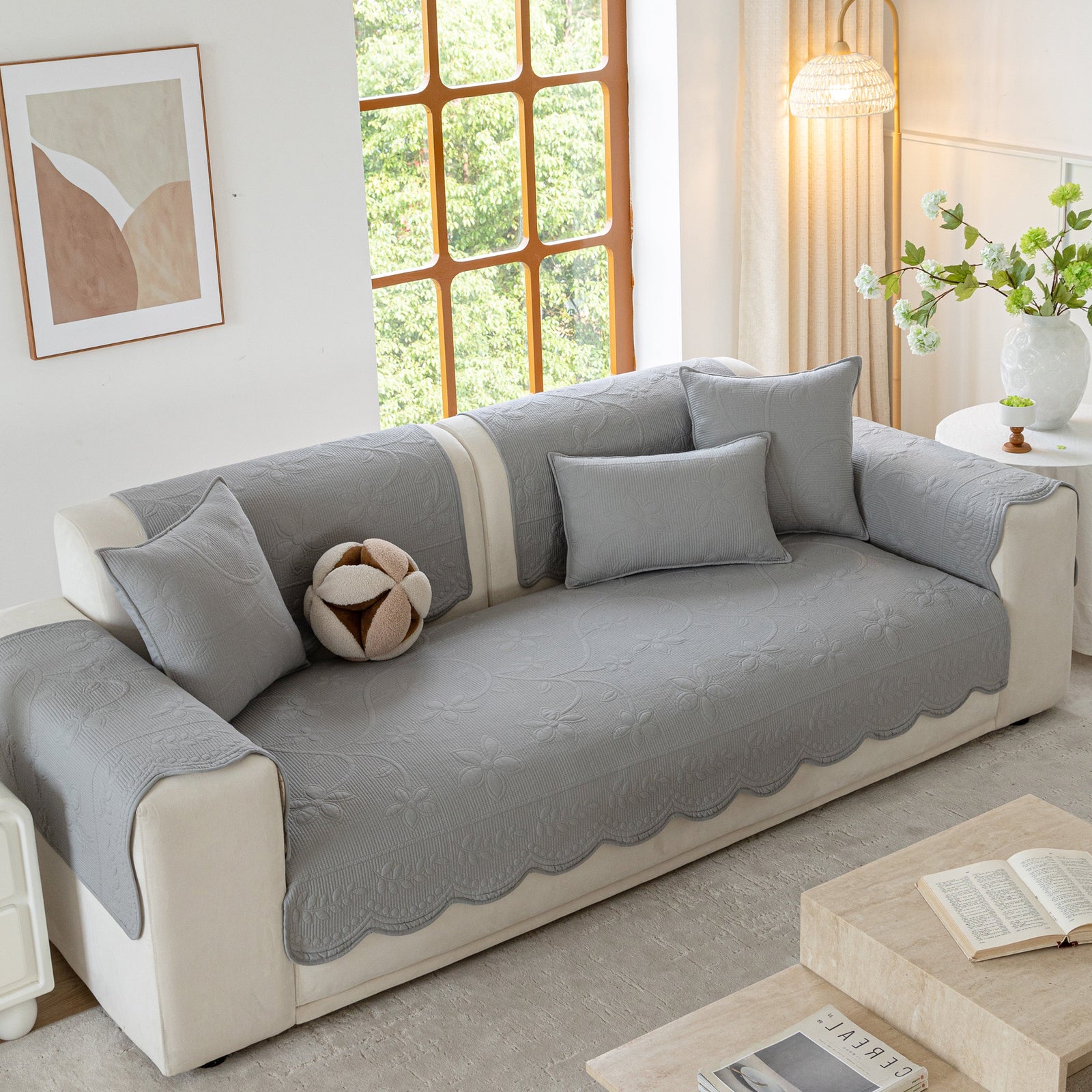 Floral Cotton Quilted Sofa Cover, Non-Slip Couch Protector with Scalloped Edges