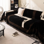 Jacquard Floral Band Sofa Cover with Tassels, Thick Textured Couch Throw Blanket