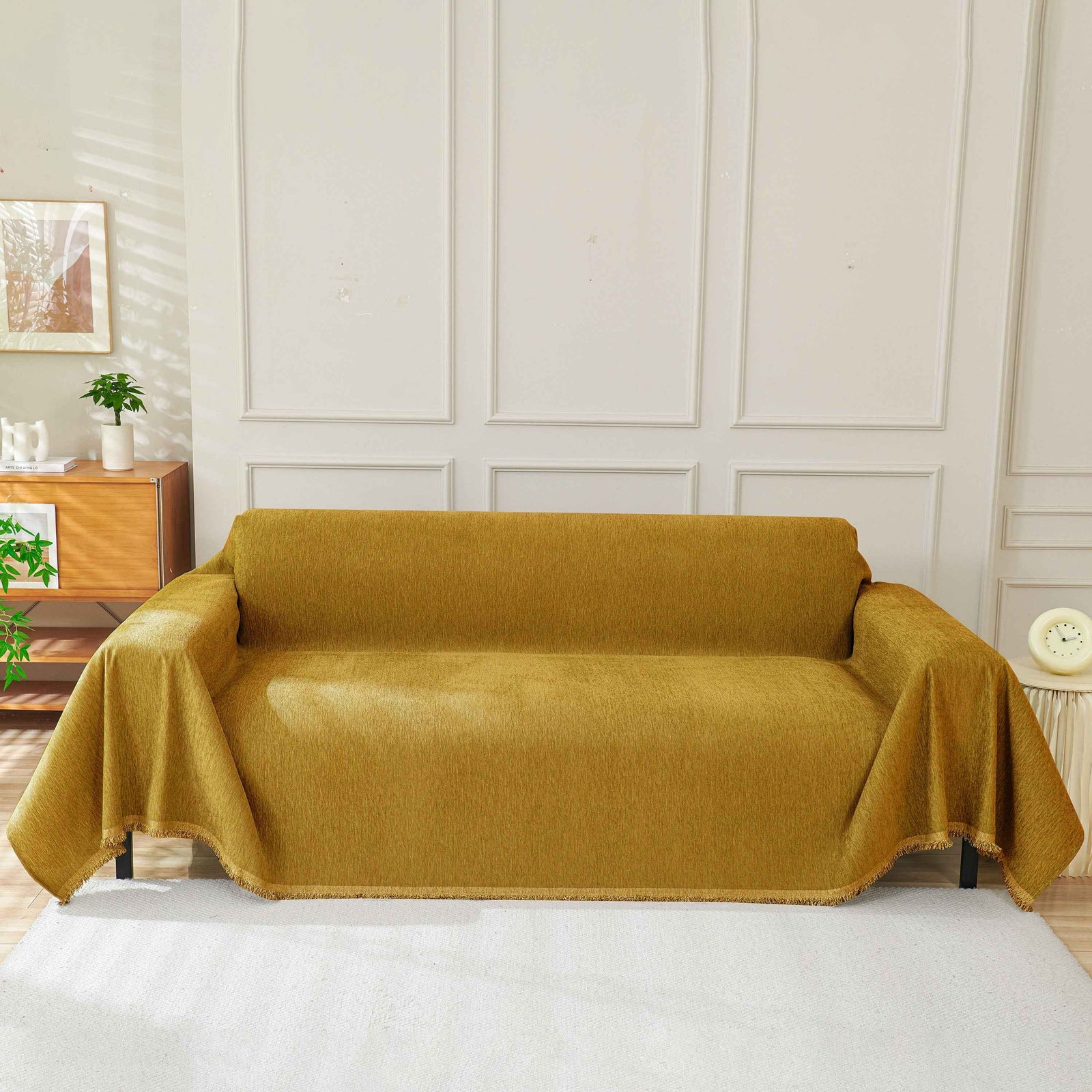Solid Color Chenille Sofa Throw Blanket, Modern Decor Soft Couch Cover with Fringes