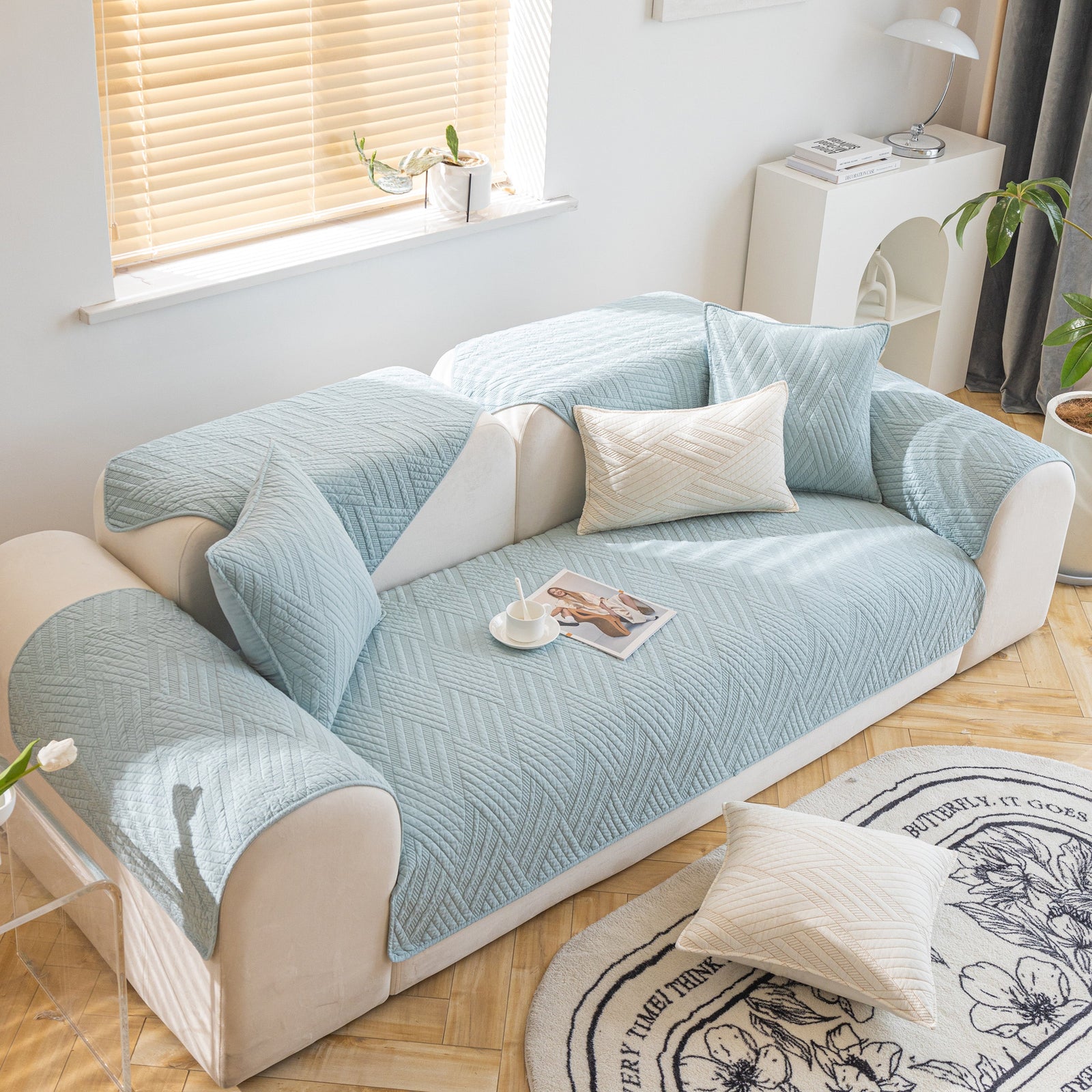 Quilted Geometric Cotton Sofa Cover, Non-Slip & Thick Padded Furniture Covers