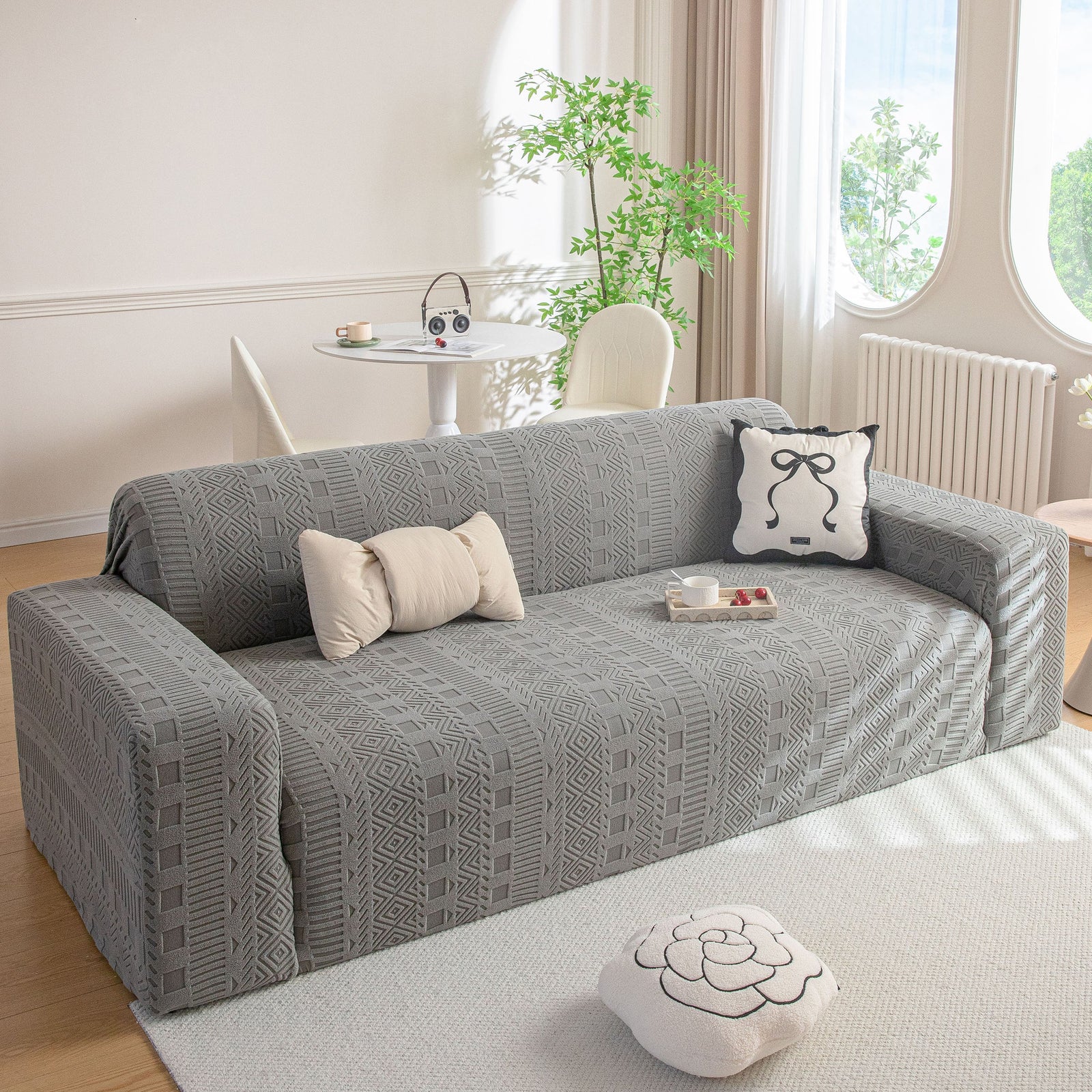 High Stretch Embossed Geometric Slipcover for Couch, Cozy Plush Fleece Couch Cover
