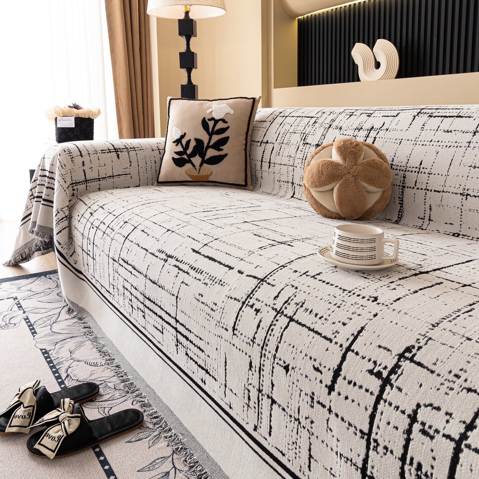 Modern Couch Protector Blanket Woven Chenille Sofa Cover Throw with Artistic Grid
