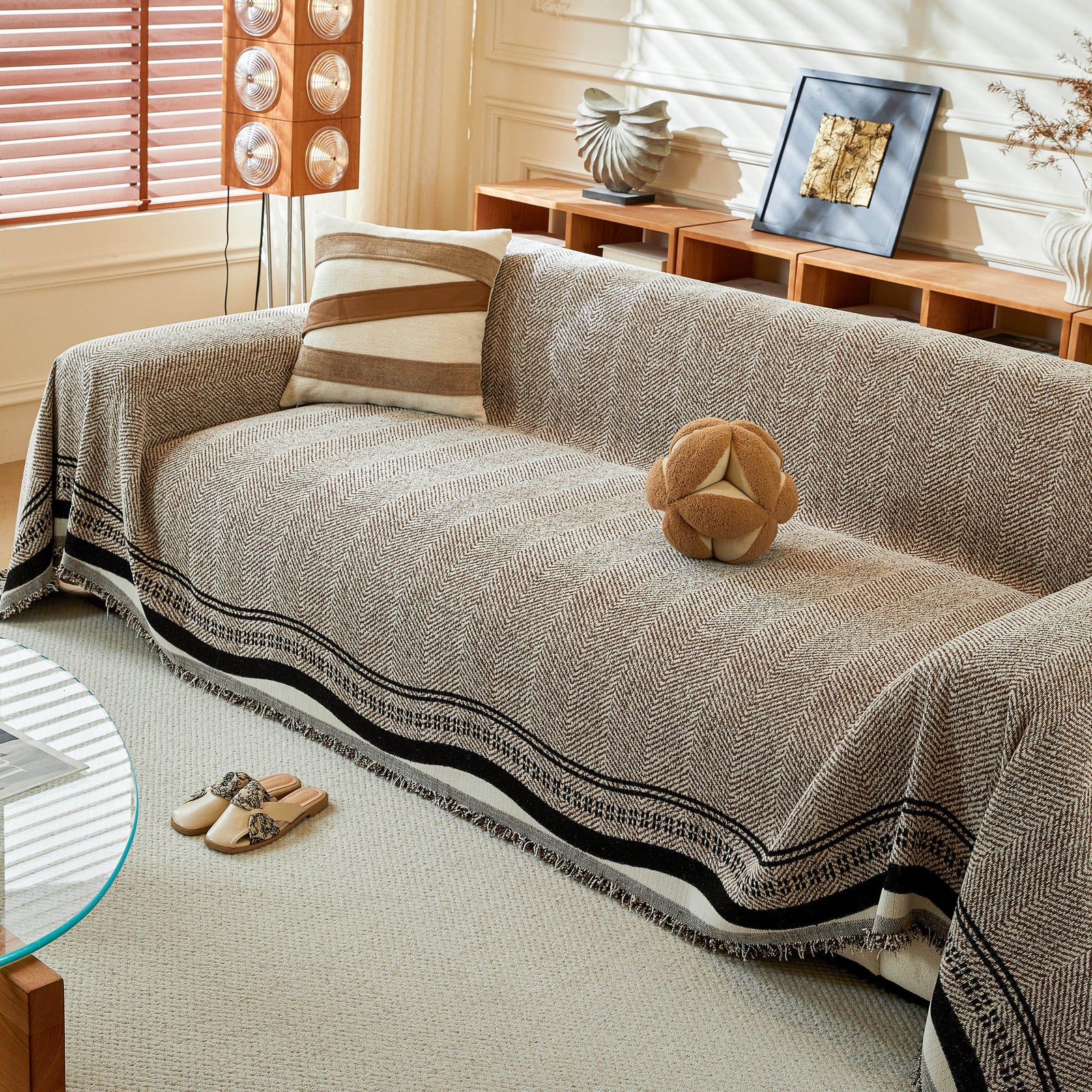 Reversible Herringbone Sofa Cover, 2-in-1 Classic British Throw Blanket for Couch