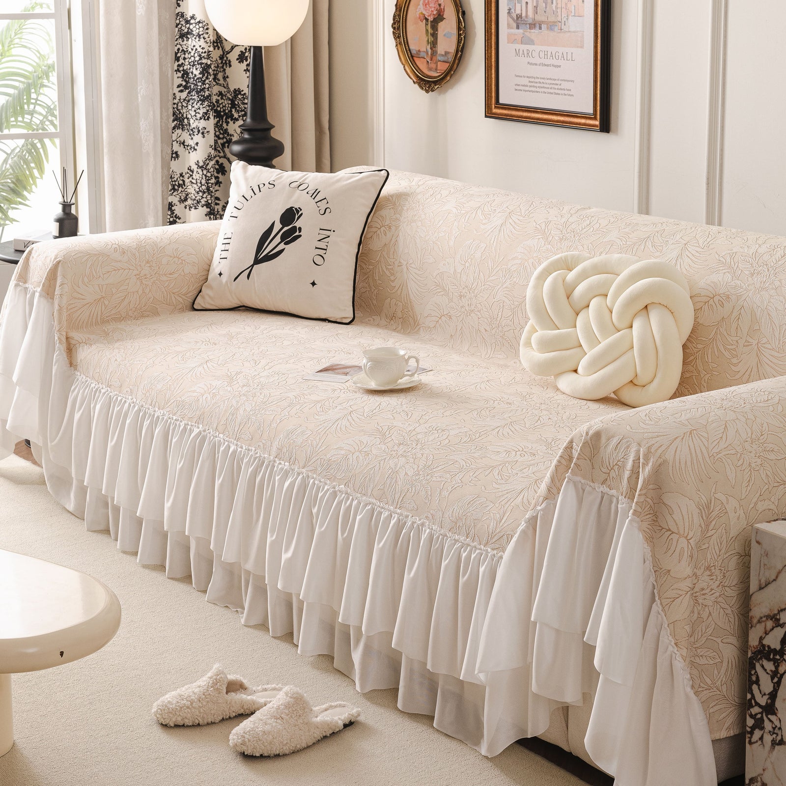French Chic Style Ruffle Floral Cover Throws for Sofas, Decorative Couch Covers