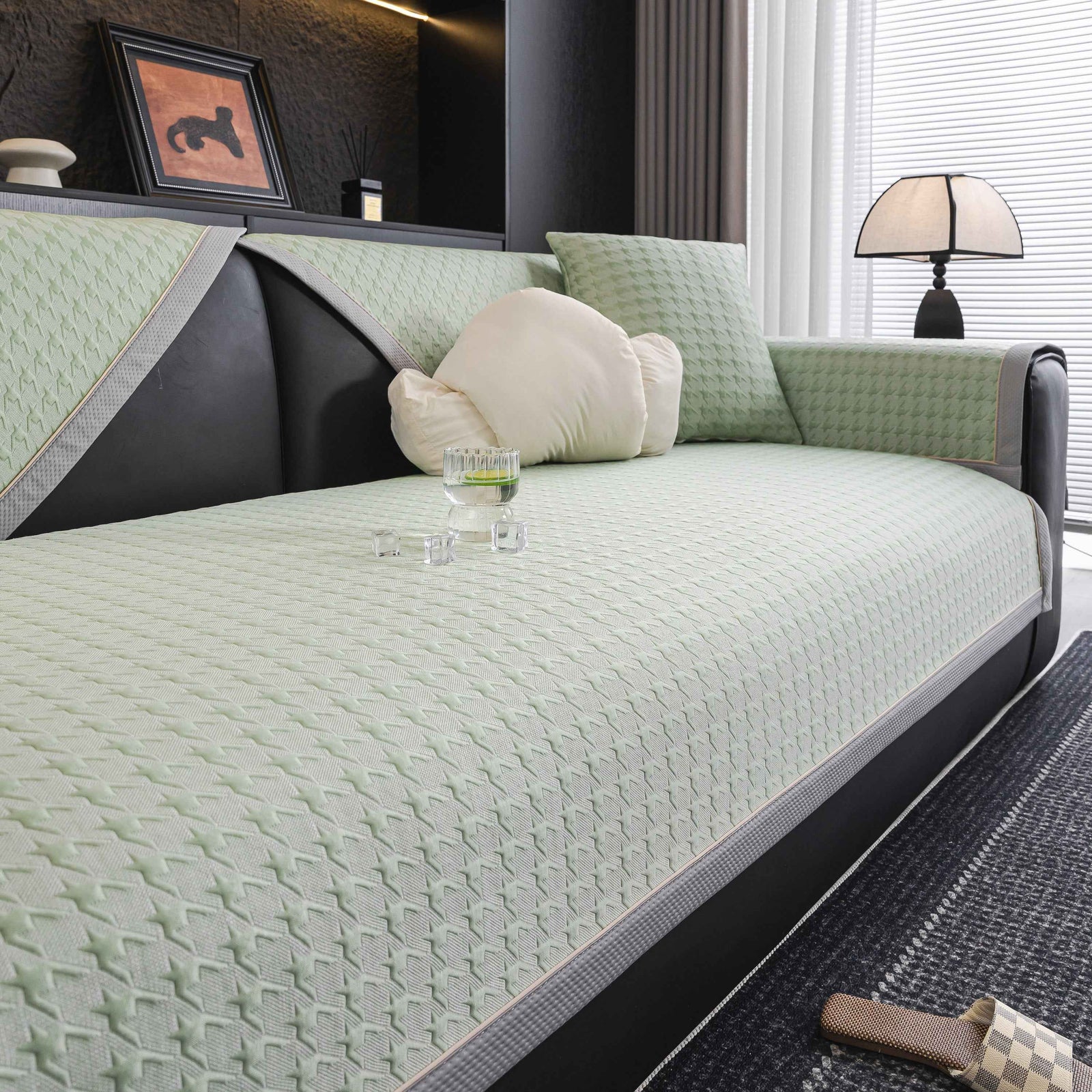 Houndstooth Ice Silk Breathable Sofa Cover, Modern Non-Slip Summer Couch Protector