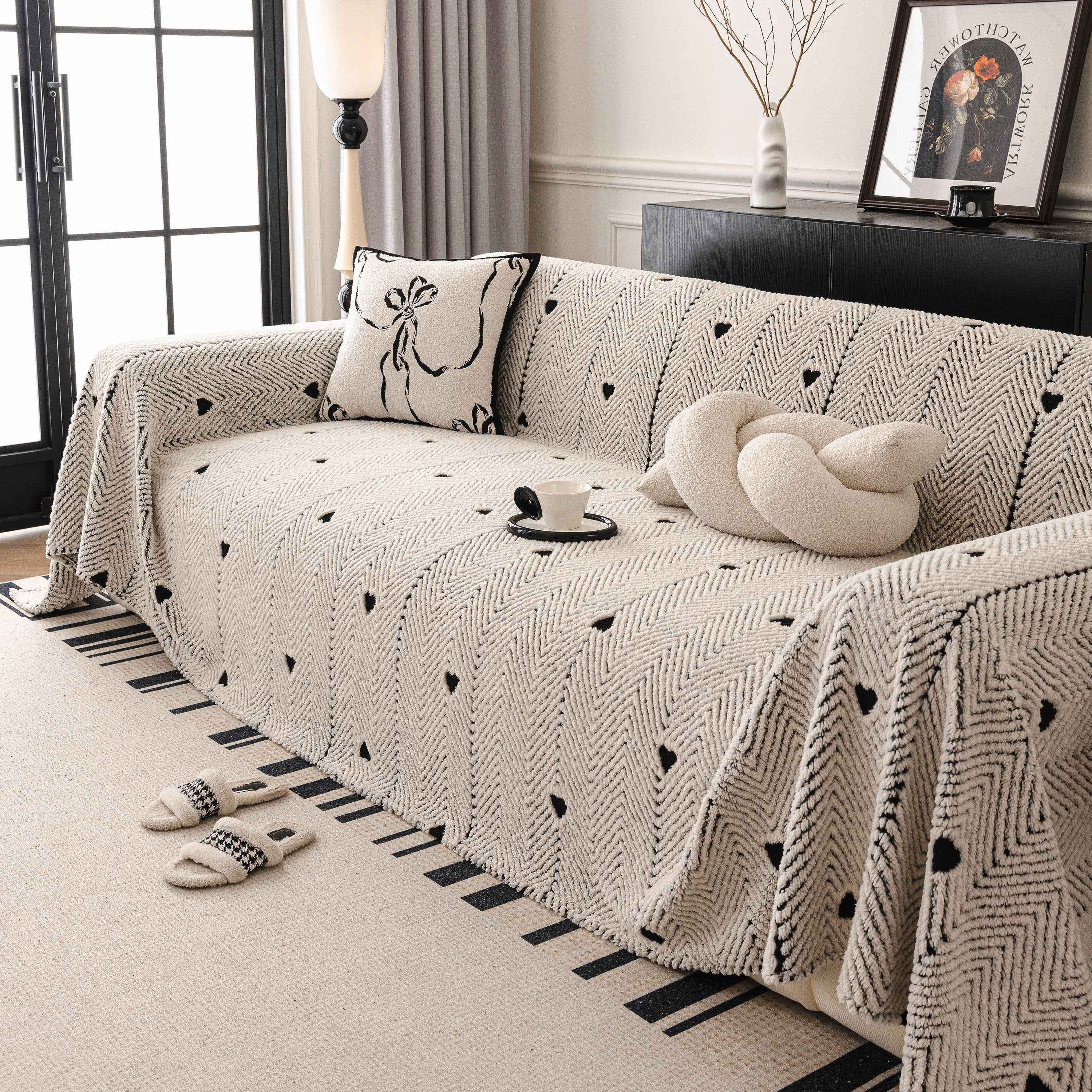 Thick Plush Sofa Cover Throw for Couch, 3D Textured Herringbone Washable Slipcover