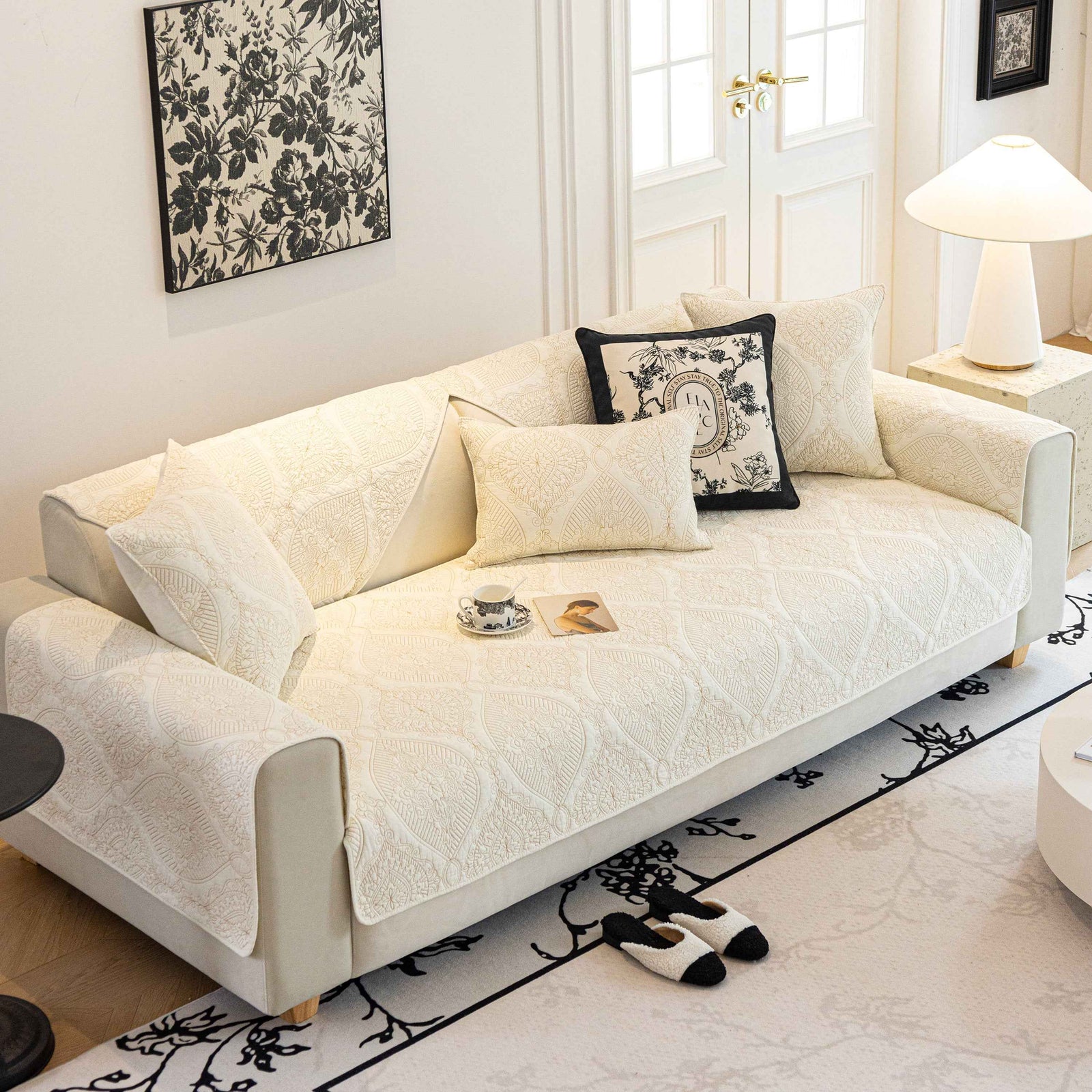Baroque Sofa Cover – Quilted Cotton, Non-Slip, Washable with Ornate Embroidery