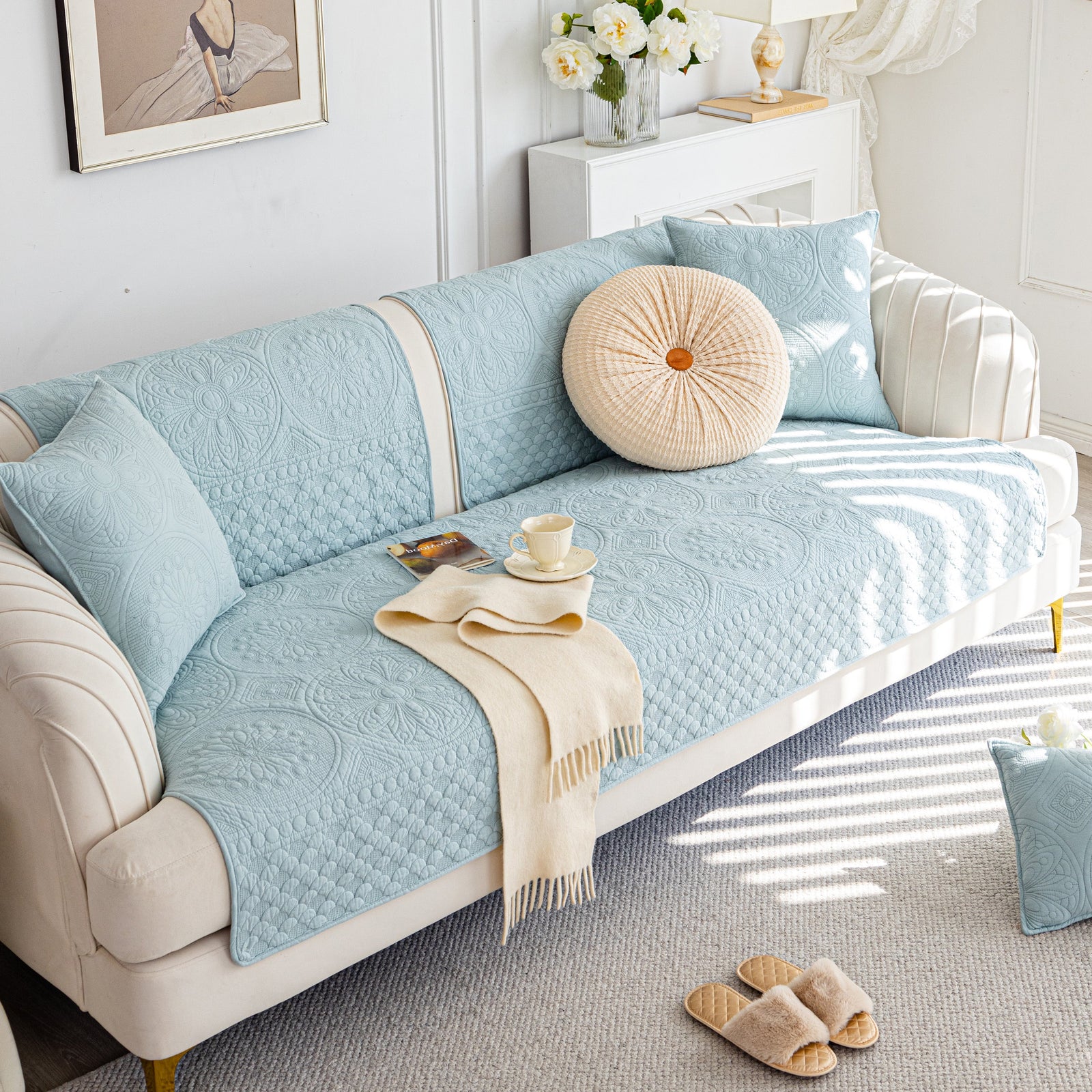 Cotton Quilted Sofa Cover, Non-Slip Couch Protector Fits Backrest, Seat & Armrest