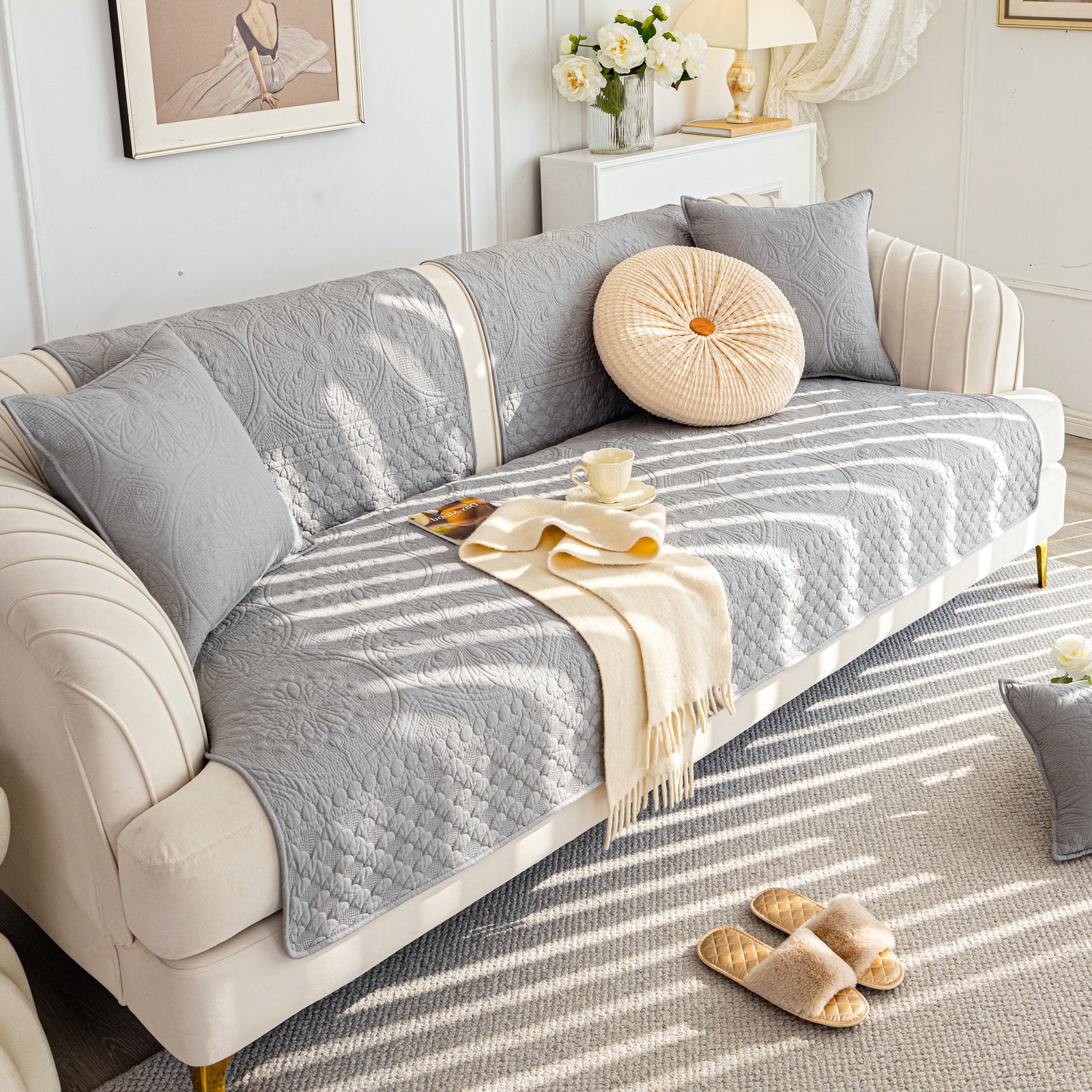 Cotton Quilted Sofa Cover, Non-Slip Couch Protector Fits Backrest, Seat & Armrest