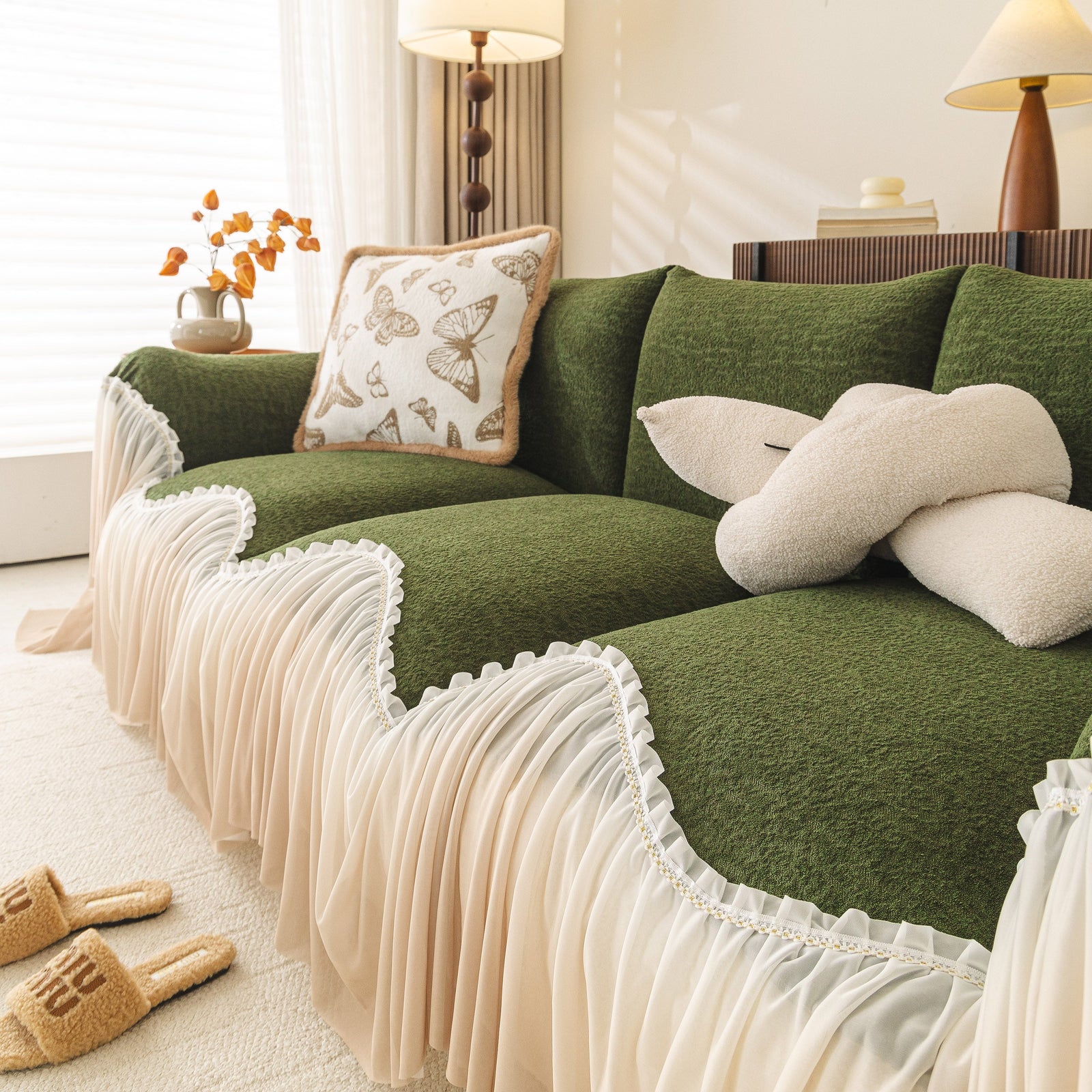 Luxury Sofa Throw Cover with Elegant Ruffled Skirt, Soft Decorative Couch Protector