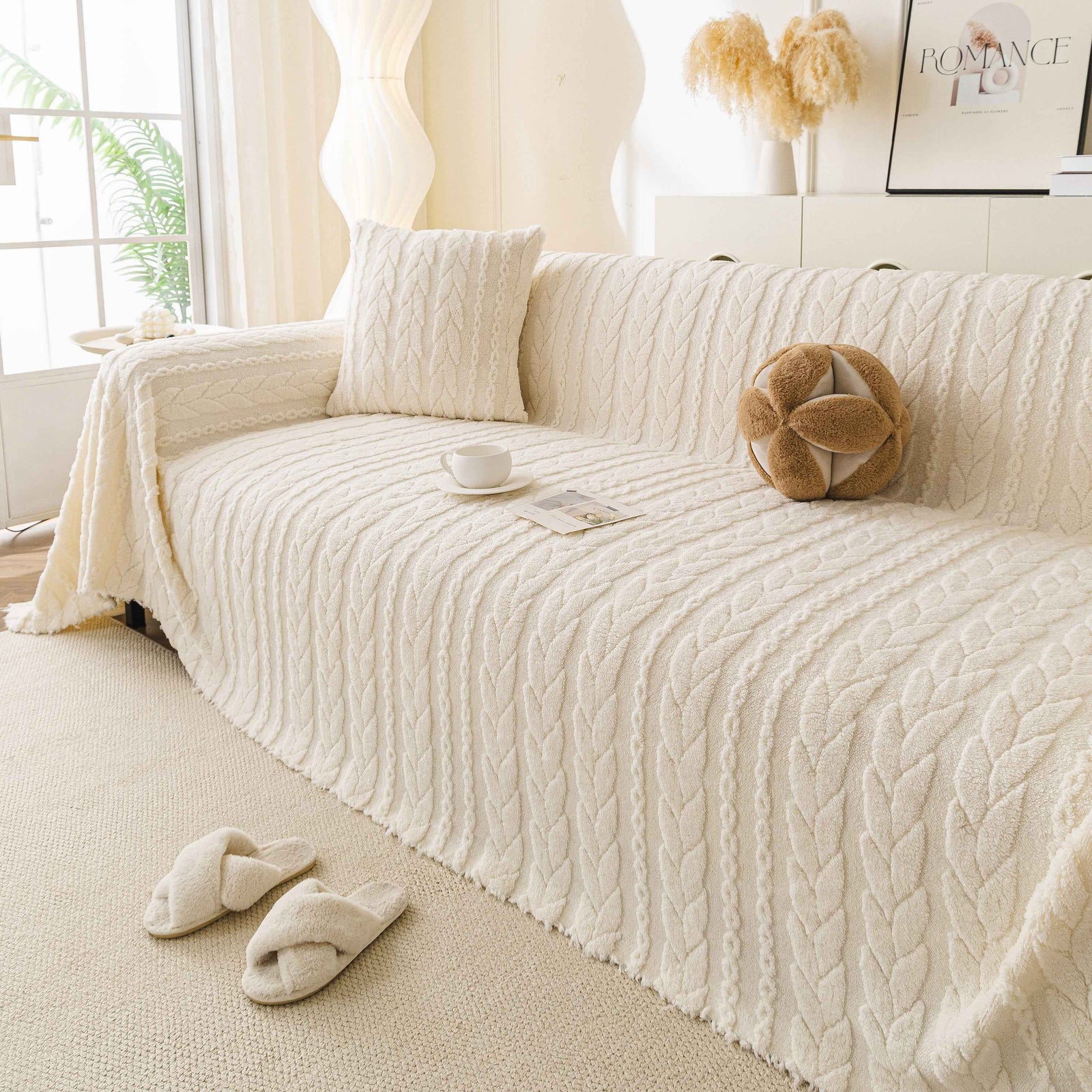 Thick Cozy 3D Cable Sofa Throw Cover, Plush Jacquard Warm Fleece Throw Blanket