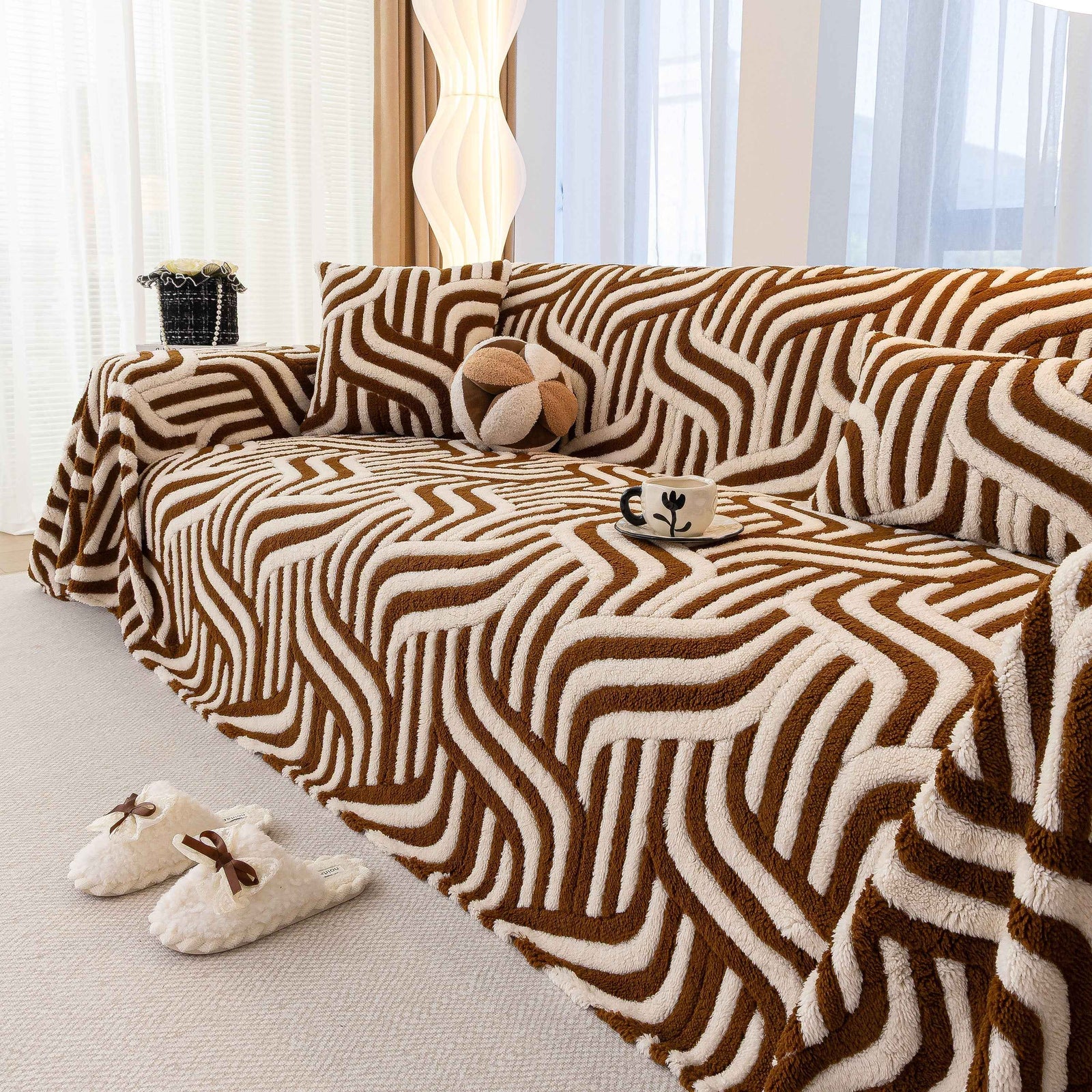 Plush Sherpa Sofa Throw Cover for Sectional, Jacquard Wave Throw Furniture Protector