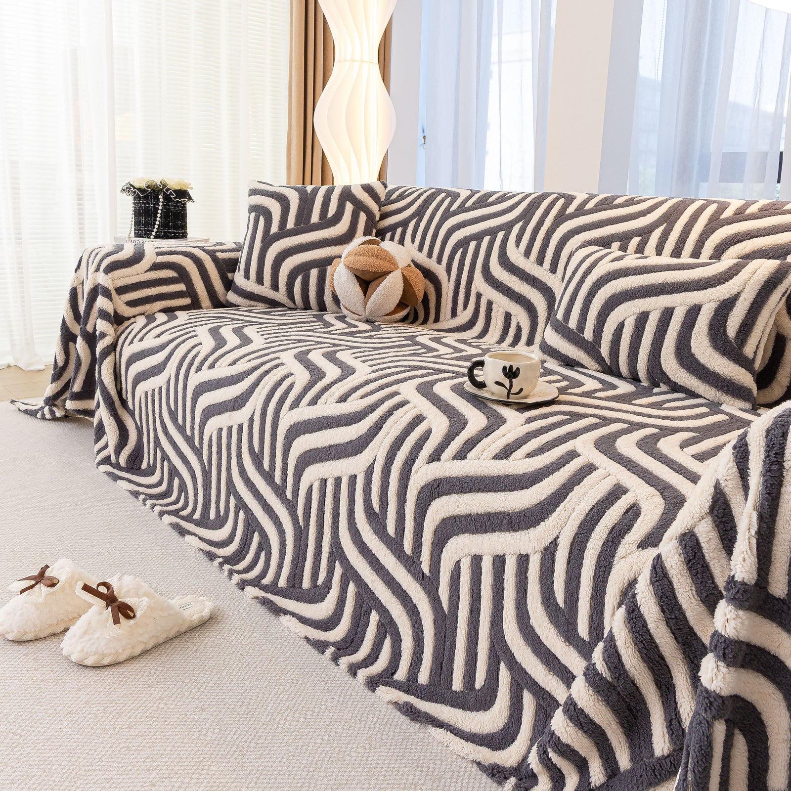 Plush Sherpa Sofa Throw Cover for Sectional, Jacquard Wave Throw Furniture Protector