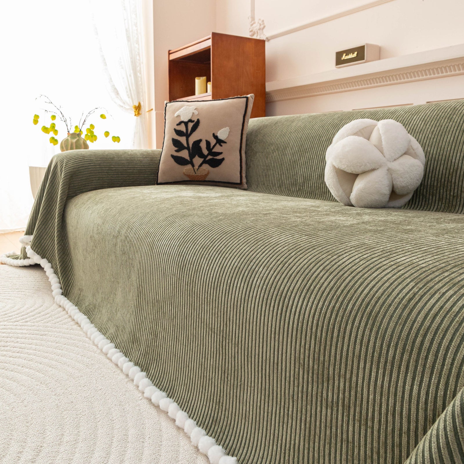 Textured Striped Cozy Couch Cover Throw Blanket with Pom Pom Trim for Sectional Sofa