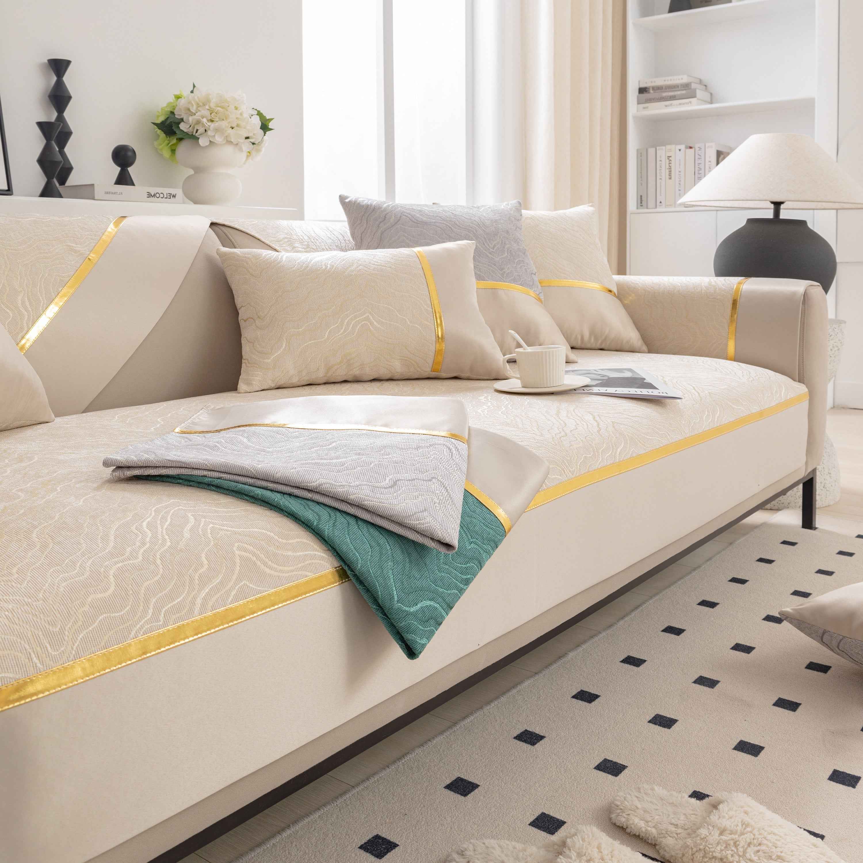 Modular Sofa Cover for Sectionals, Gold Striped Non-Slip Couch Protector