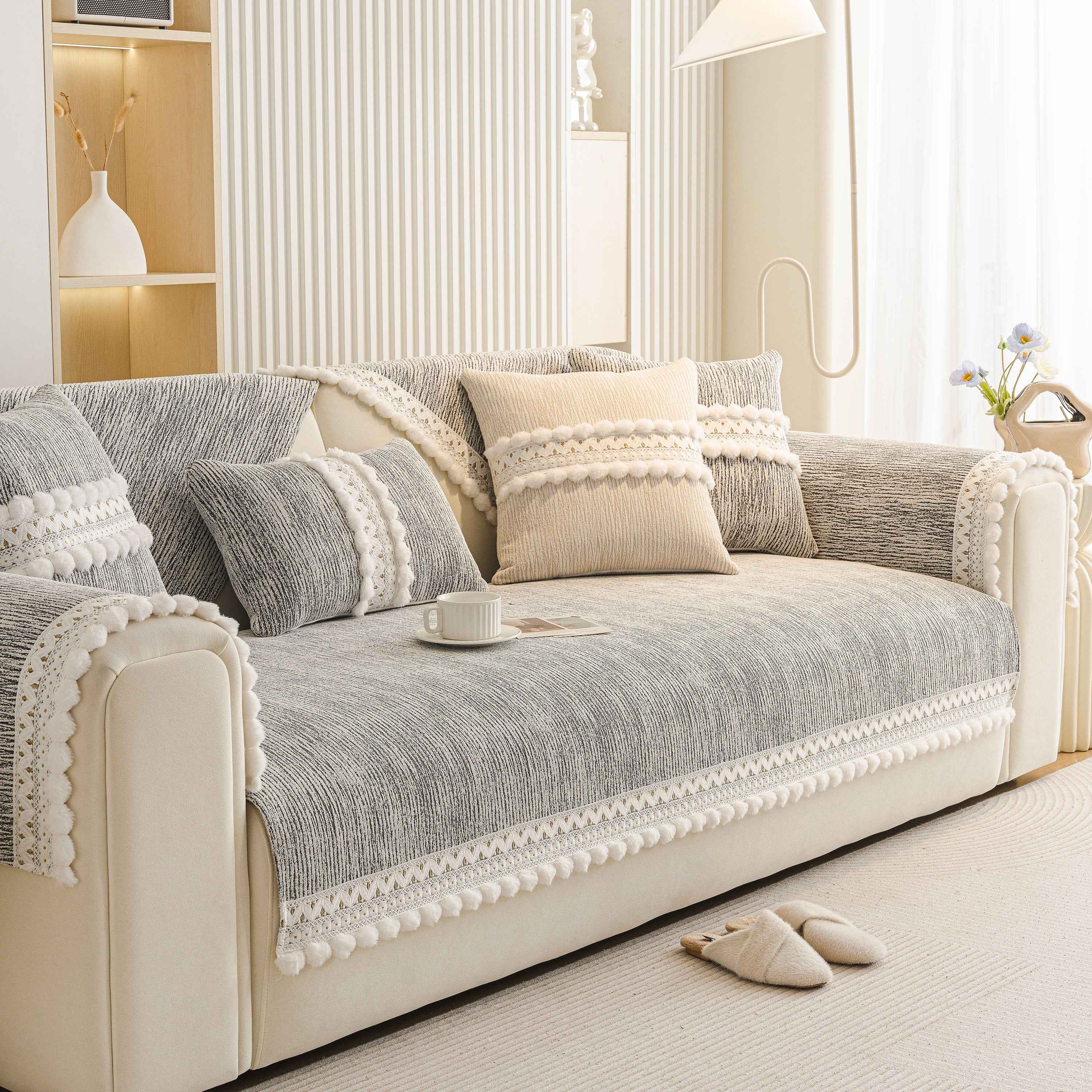 Soft Chenille Sectional Sofa Cover with Pom Pom Trim – Non-Slip Couch Protector