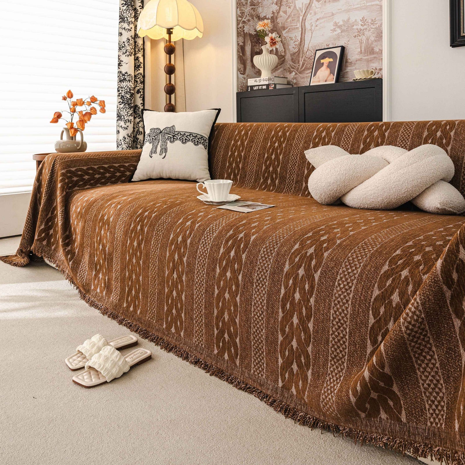 Sofa Cover Blanket Throw with Tassels, Decorative Furniture Protector for Dogs/Pets