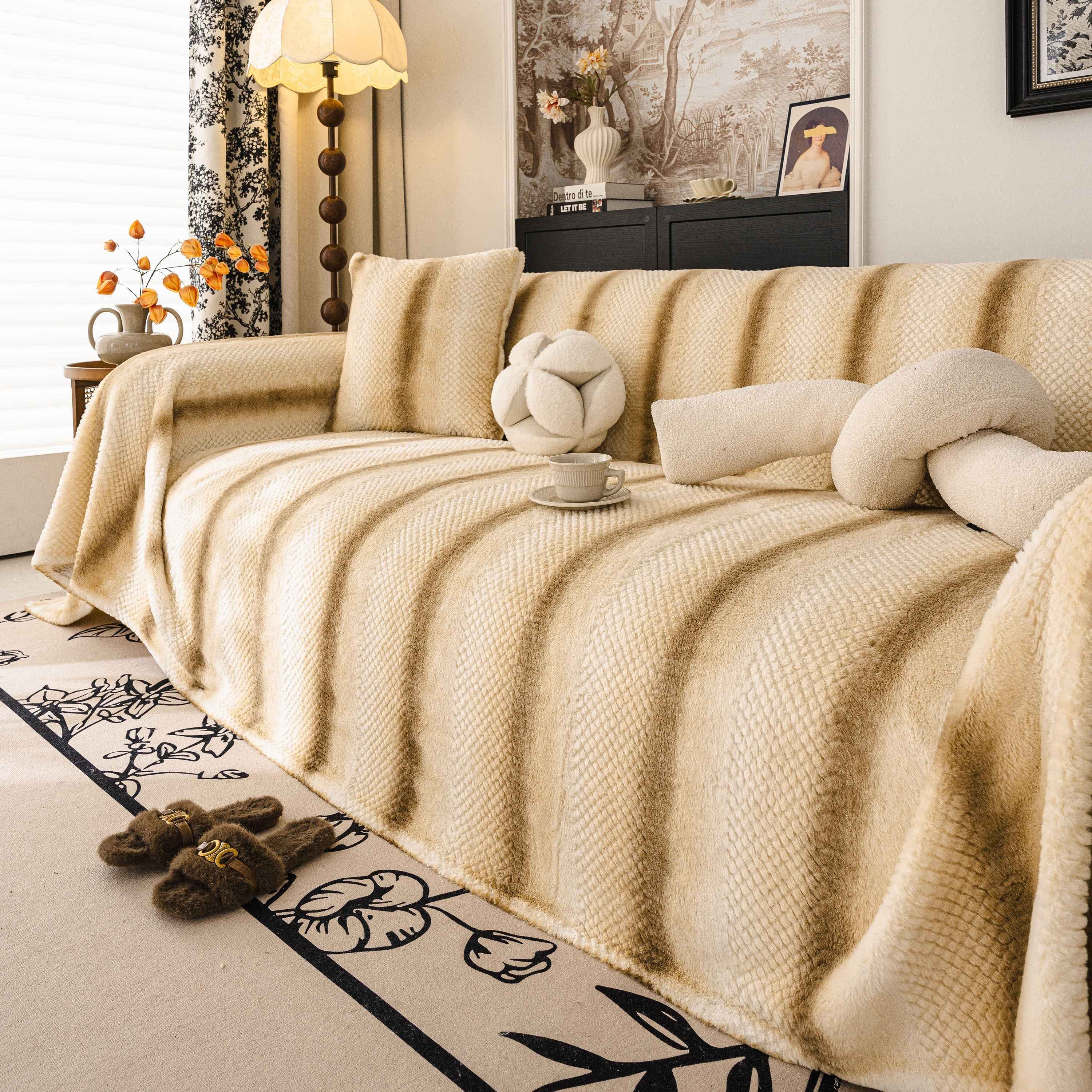 Faux Fur Sofa Cover Washable Furniture Protector for Sectional Warm & Fuzzy Slipcover