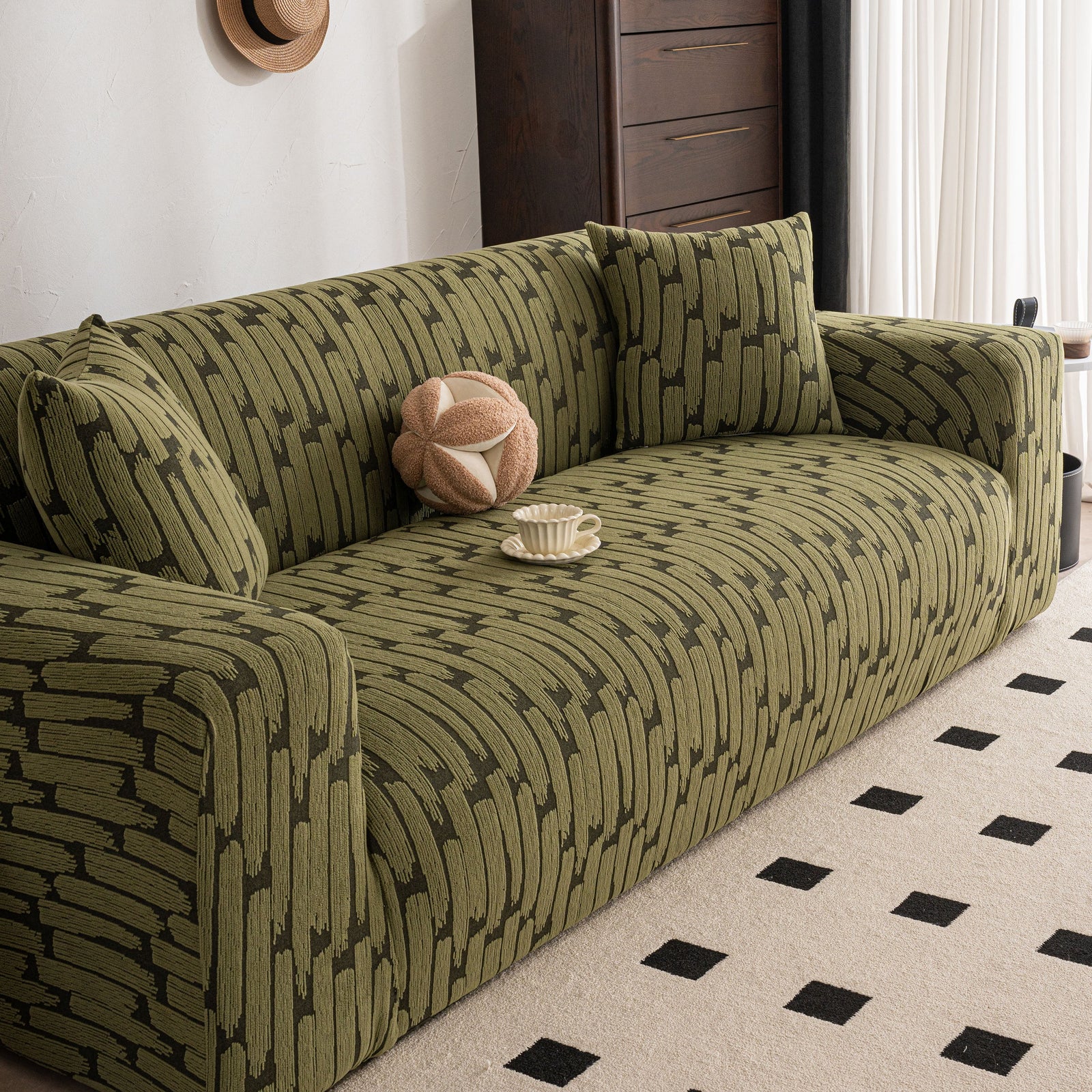 Plush Fleece Stretch Sofa Cover, Super Soft Textured Geometric Couch Slipcover