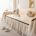 Leaf Jacquard Sofa Cover with Ruffle Skirt – Non-Slip Couch Protector with Sheer Hem