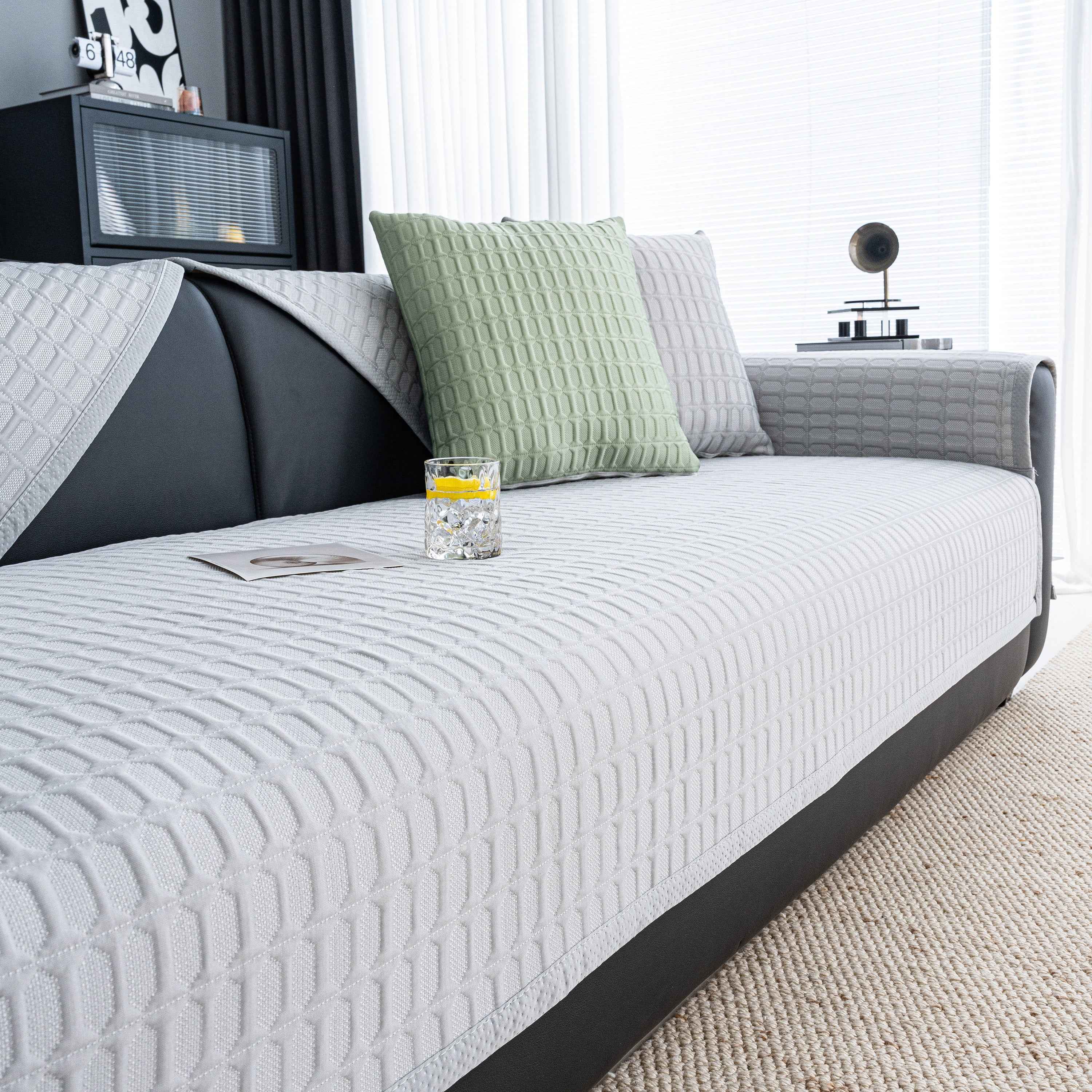 Geometric Textured Couch Slipcover Protector Non-Slip Ice Silk Sofa Cover for Couch