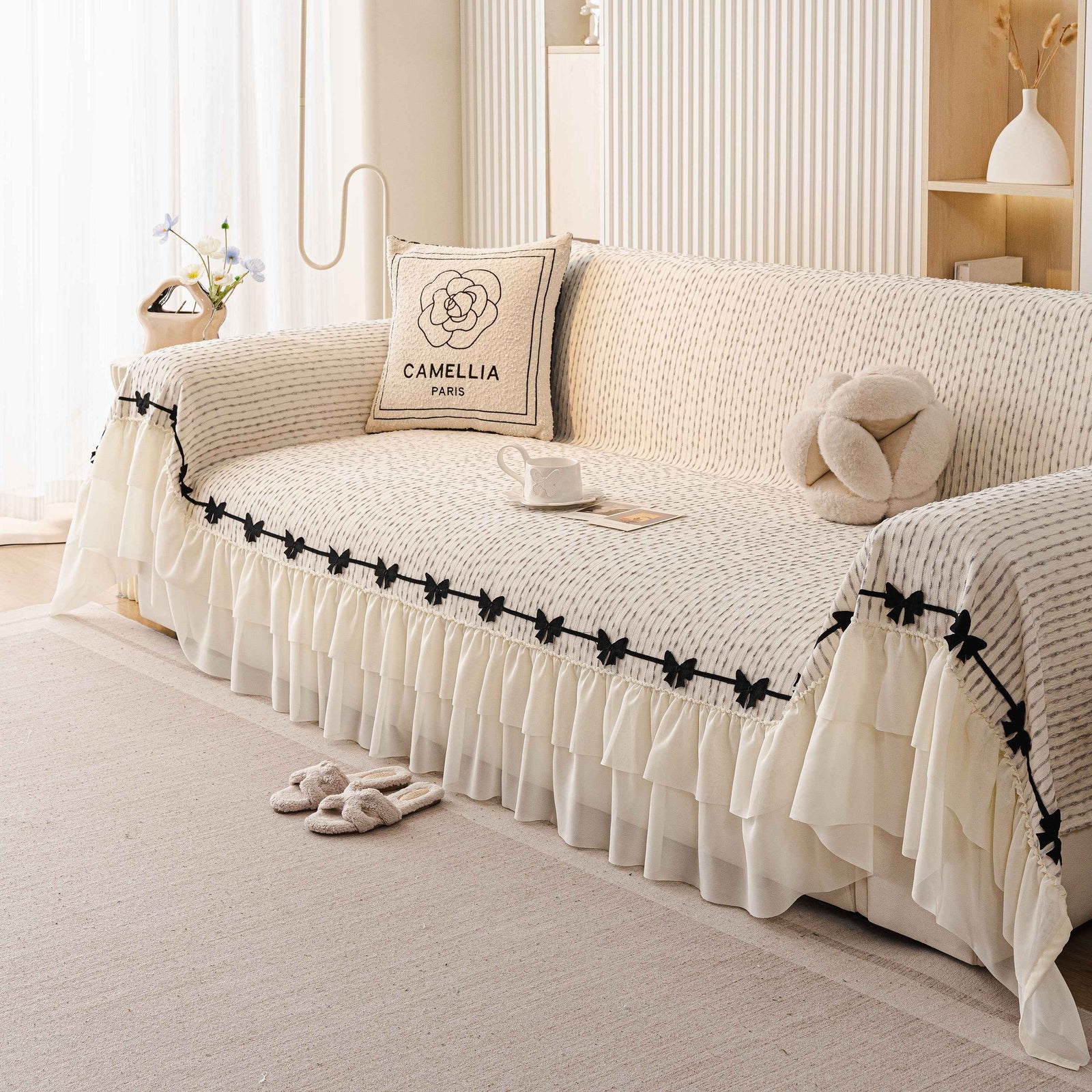 Ruffled Sofa Cover with Bowknot Decor, French Country Style Skirted Couch Slipcover