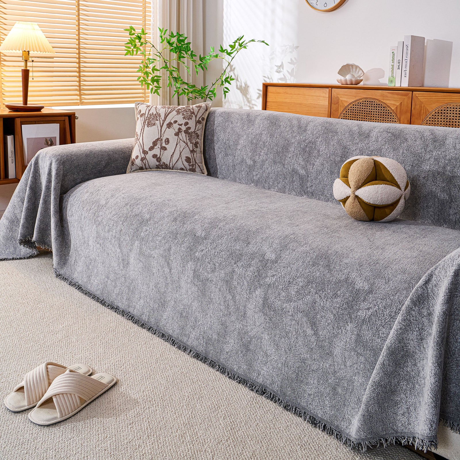 Cozy Textured Couch Protector with Fringe, Universal Soft Slipcover for Couch Sofa Bed
