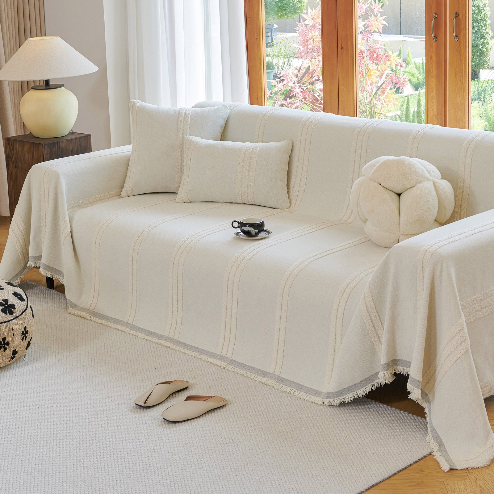 Textural Striped Chenille Sofa Covers, Boho Washable Decor Sofa Blankets Covers