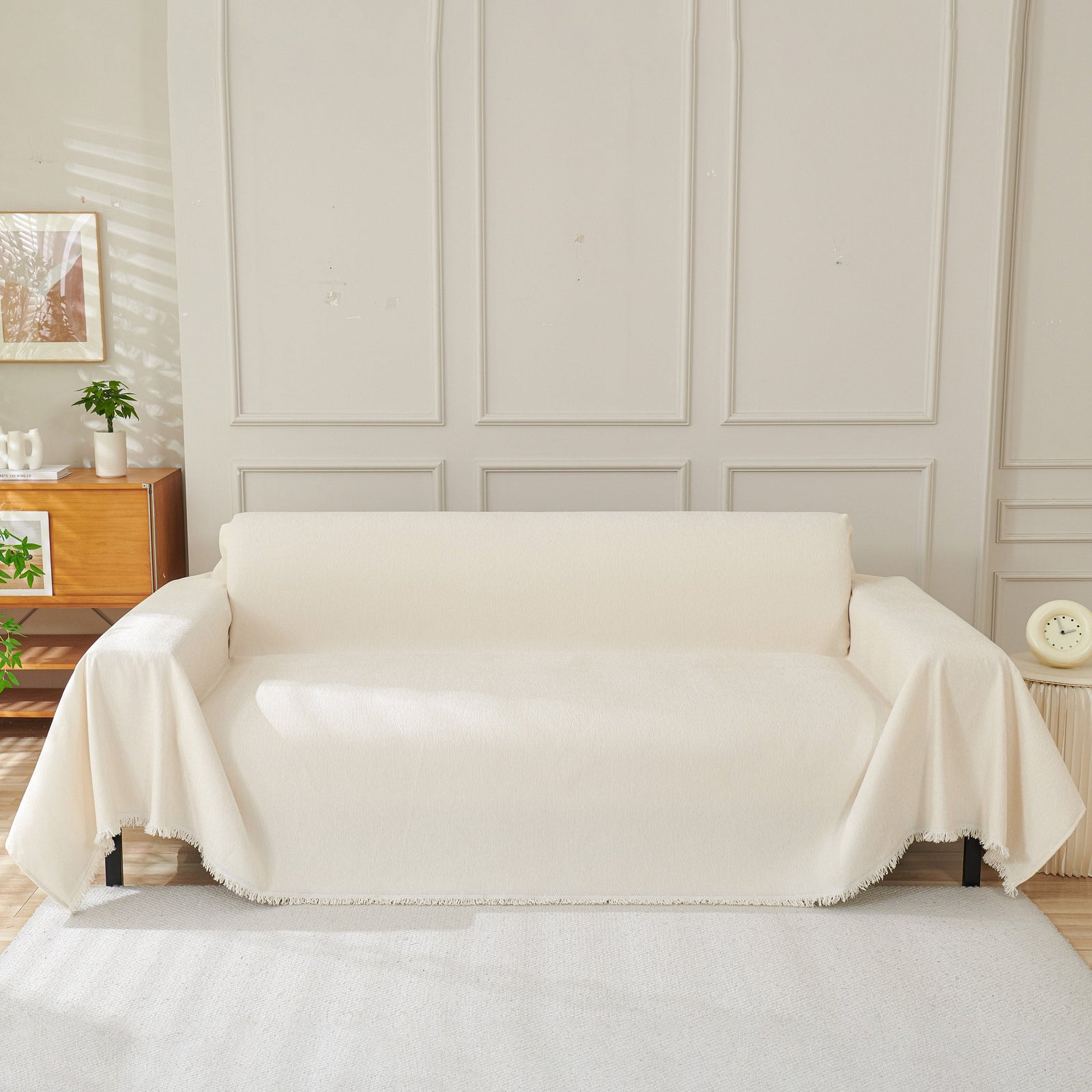 Solid Color Chenille Sofa Throw Blanket, Cozy & Easy Care Fringed Furniture Protector