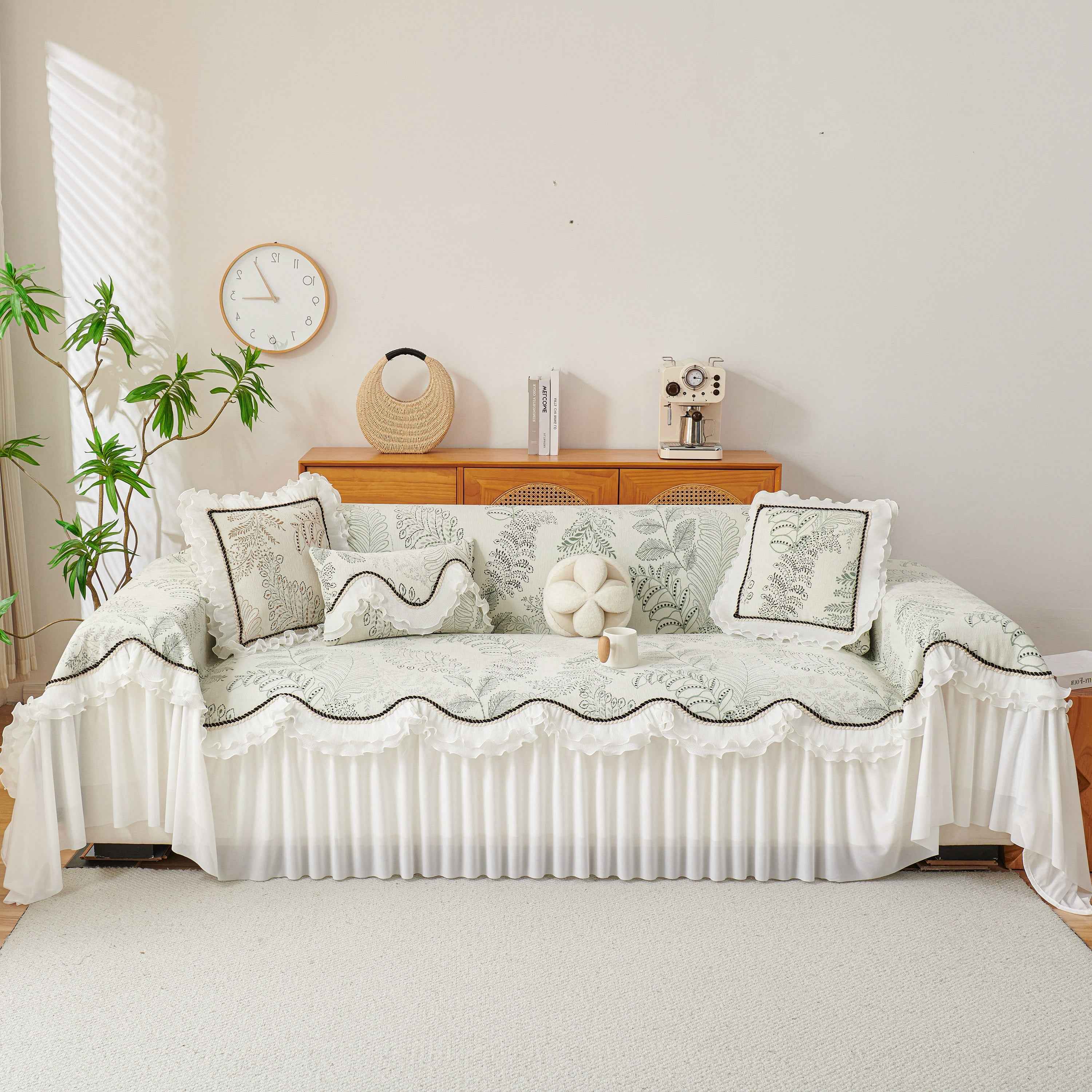Farmhouse Ruffled Lace Sofa Slipcover Vintage Furniture Protector with Botanical Print