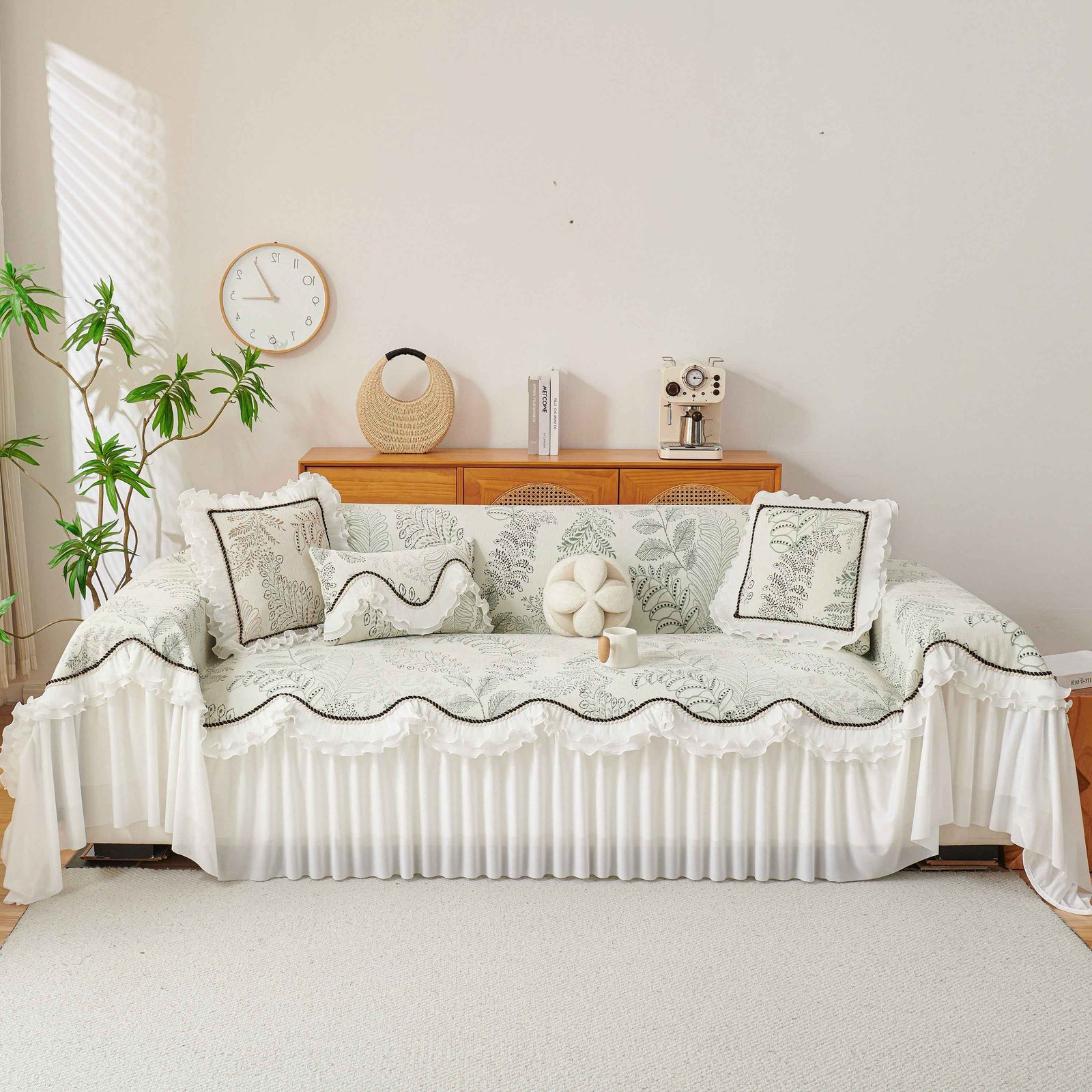 Farmhouse Ruffled Lace Sofa Slipcover Vintage Furniture Protector with Botanical Print
