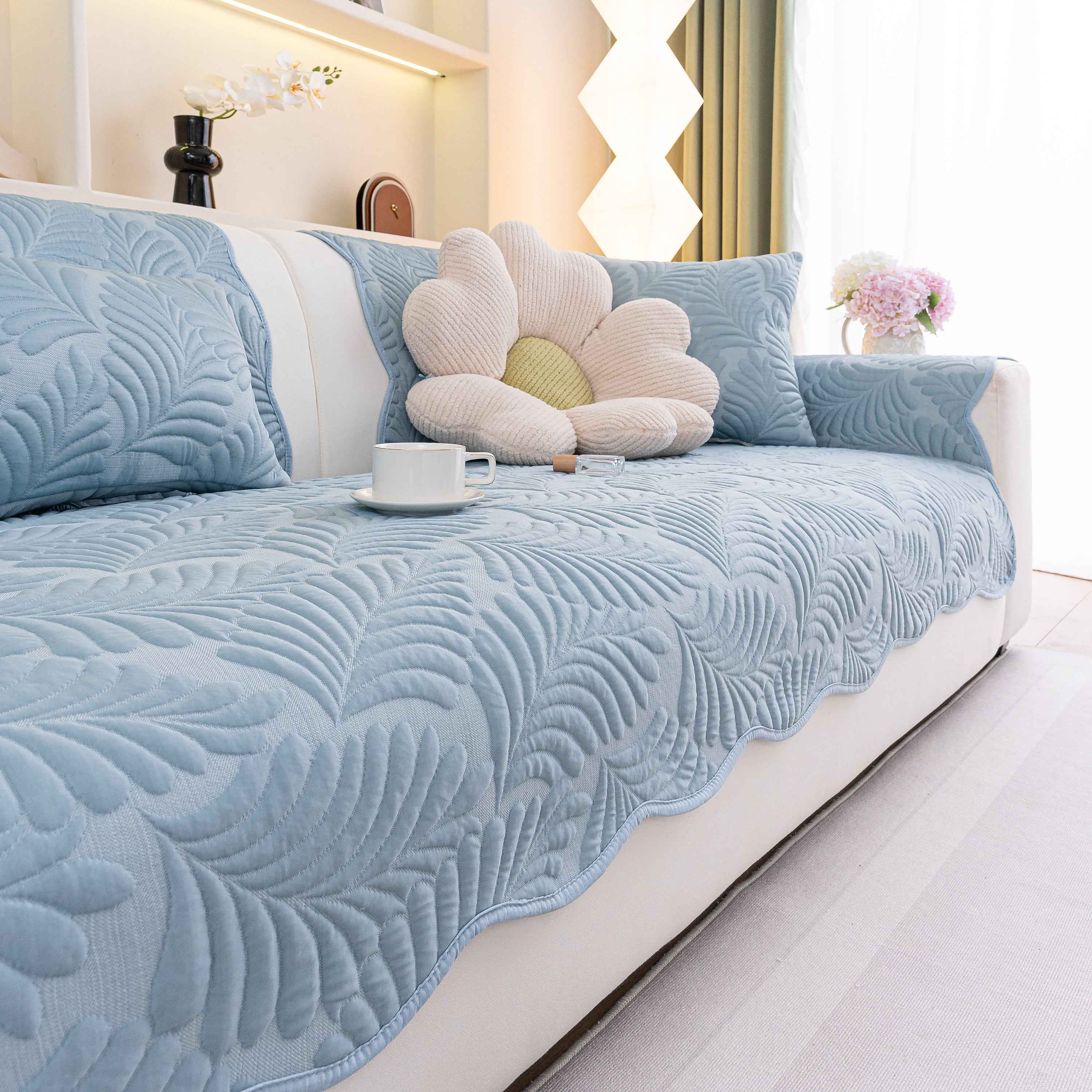 Sofa Cover for Leather & Fabric Couches, 3D Leaf Embossed Quilted Furniture Covers