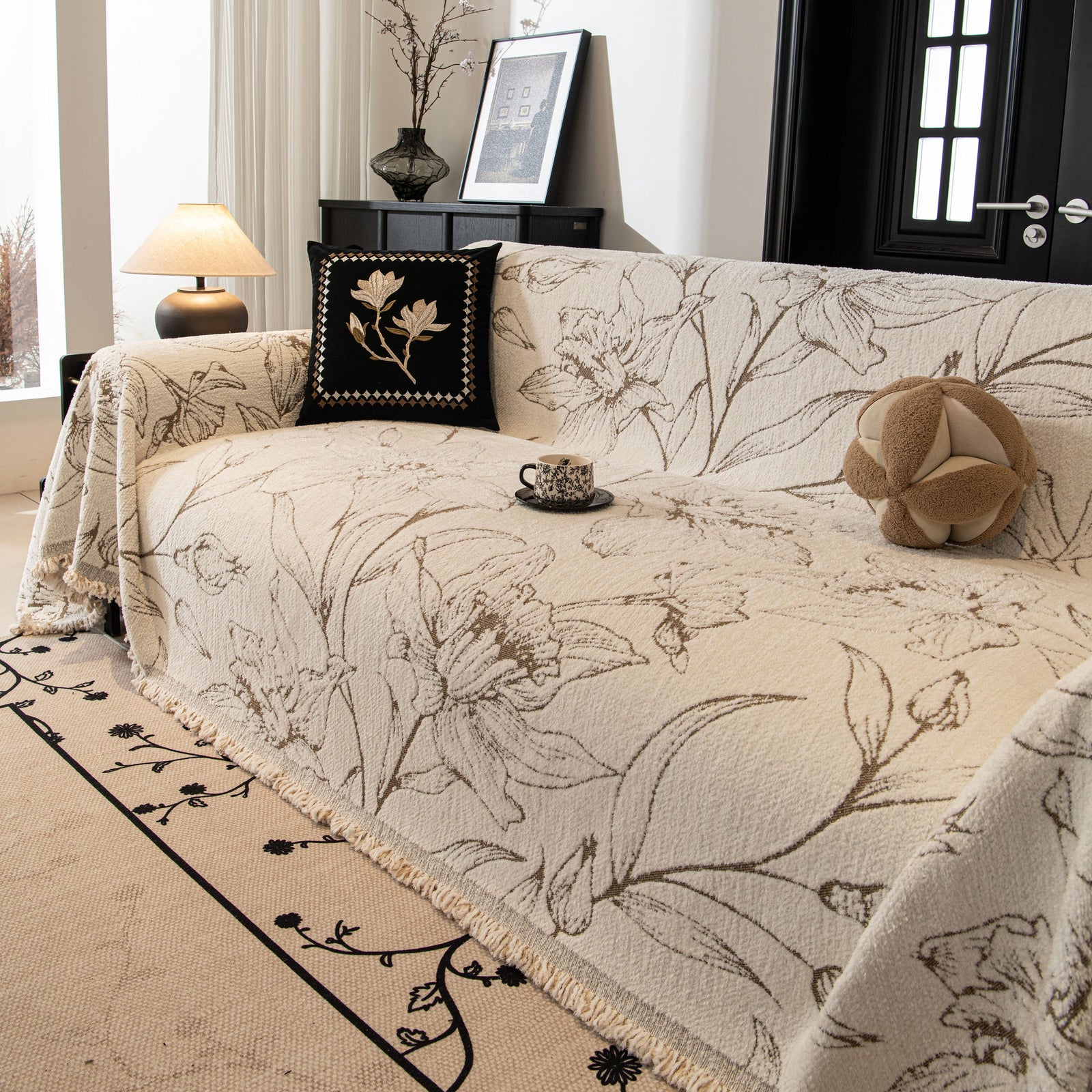 Large Floral Sofa Cover Throw Blanket, Plush Jacquard Non-Shedding Couch Cover for Pets
