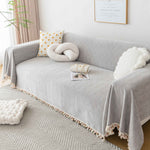 Boho Herringbone Sofa Throw Blanket with Pom Pom Tassels Stylish Furniture Slipcover