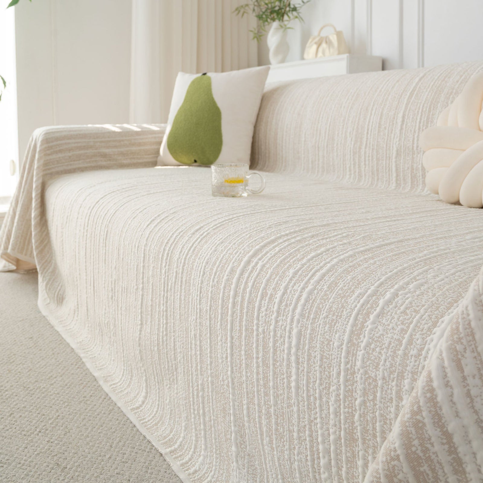 Summer Cooling Ice Silk Sofa Cover, Textured Stripe Soft Breathable Couch Throw Cover