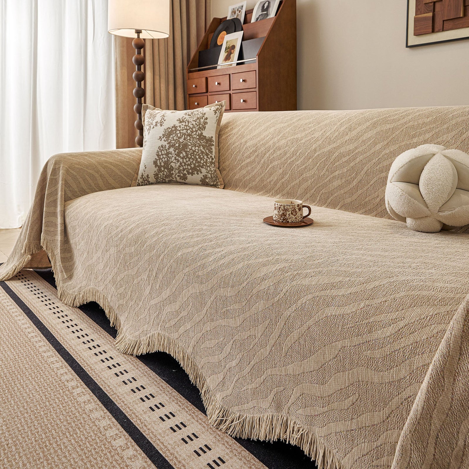 Wavy Wave Pattern Woven Couch Cover with Fringe Tassel, Soft Furniture Cover Protector