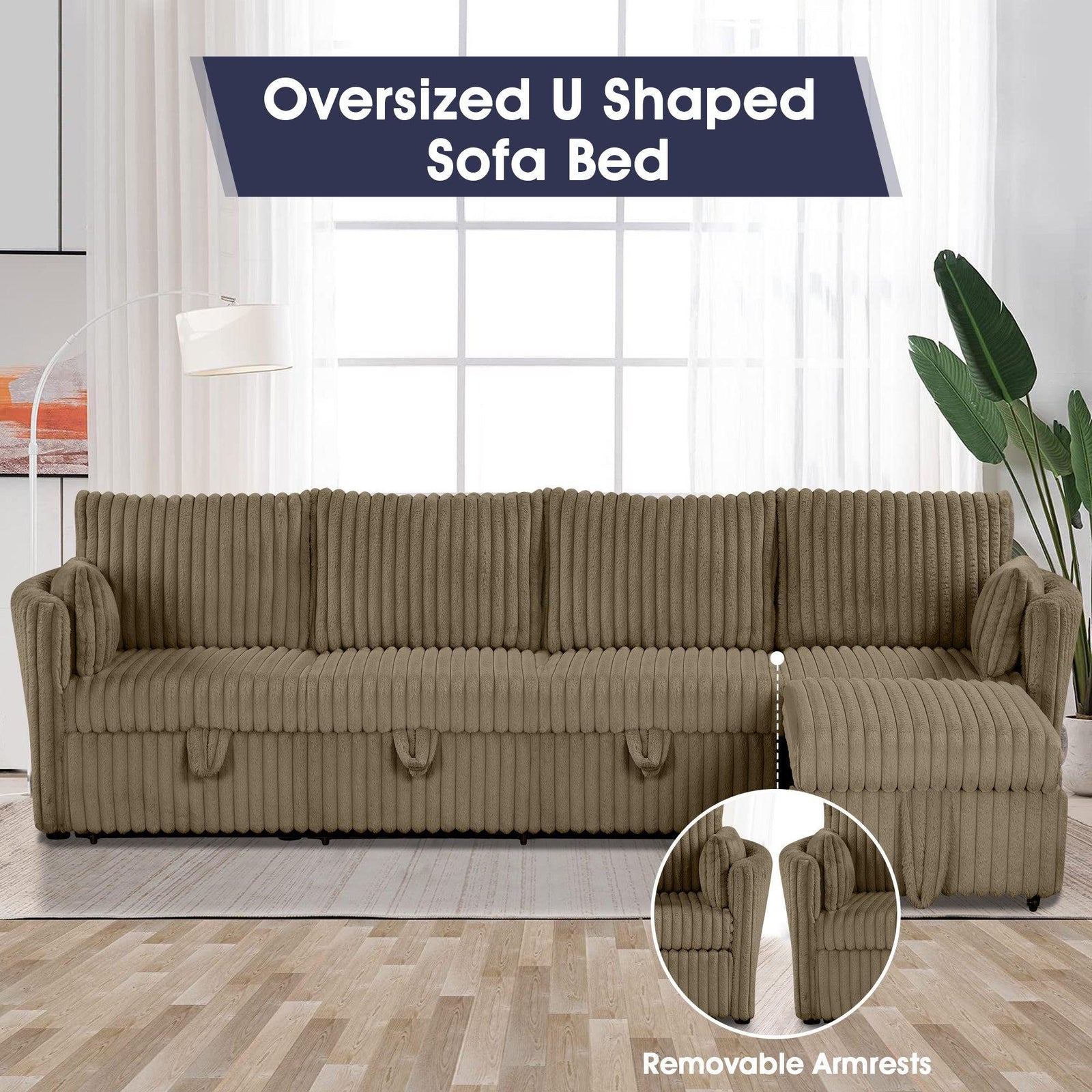 Brown Faux Fur Oversized Convertible Sleeper Sectional Sofa Couch Daybed and Chair Pull Out with 2 Pillows, USB Charging Ports for Living Room