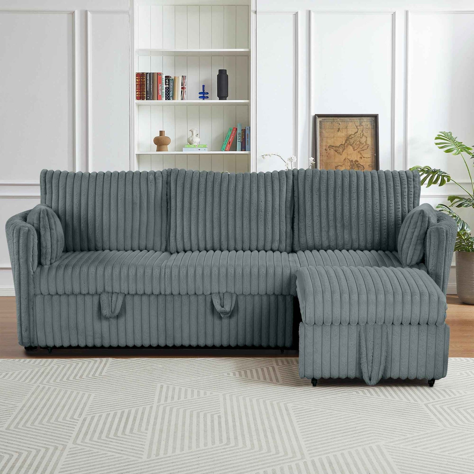 Dark Gray Faux Fur Oversized Convertible Sleeper Sectional Sofa Couch Daybed and Chair Pull Out with 2 Pillows, USB Charging Ports for Living Room