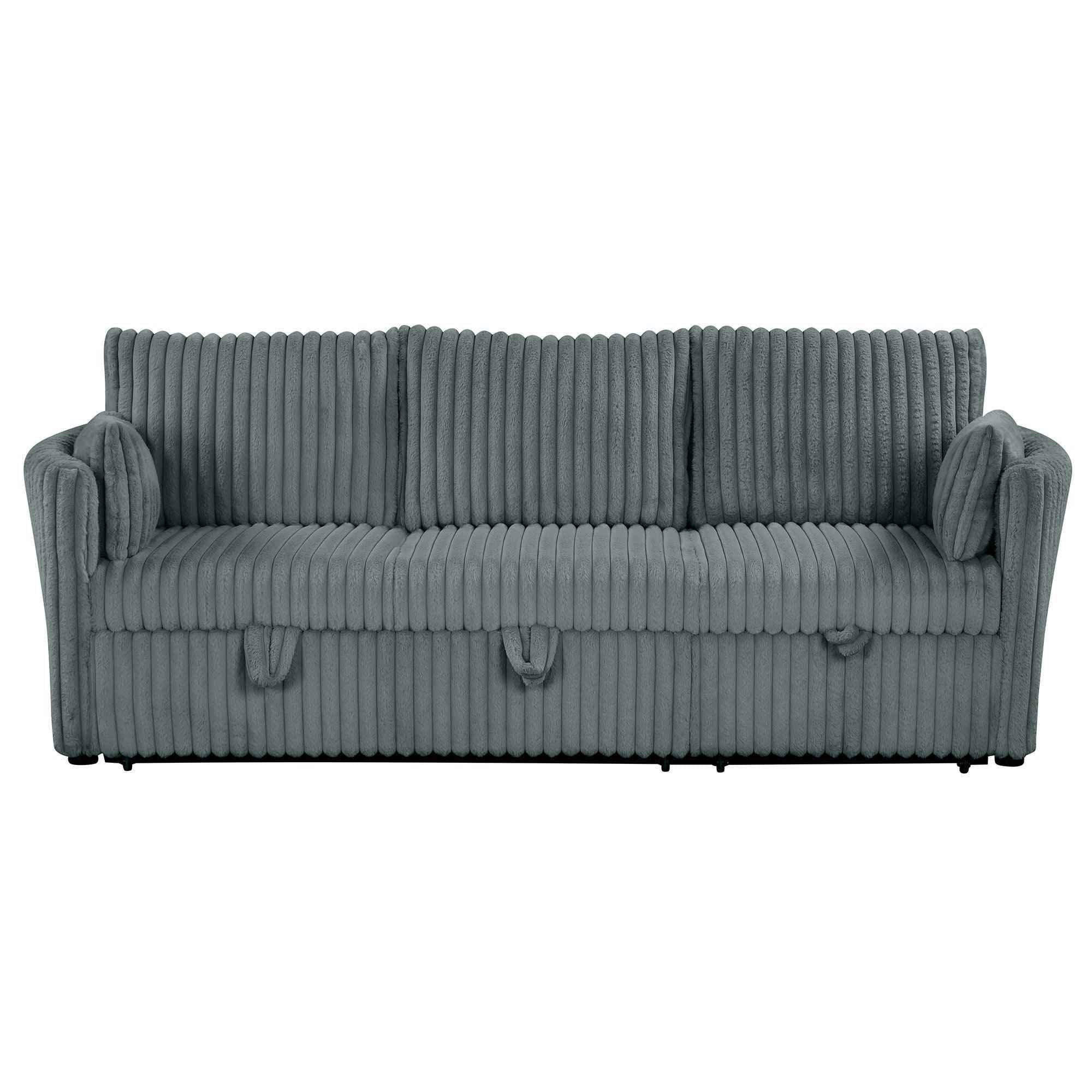 Dark Gray Faux Fur Oversized Convertible Sleeper Sectional Sofa Couch Daybed and Chair Pull Out with 2 Pillows, USB Charging Ports for Living Room